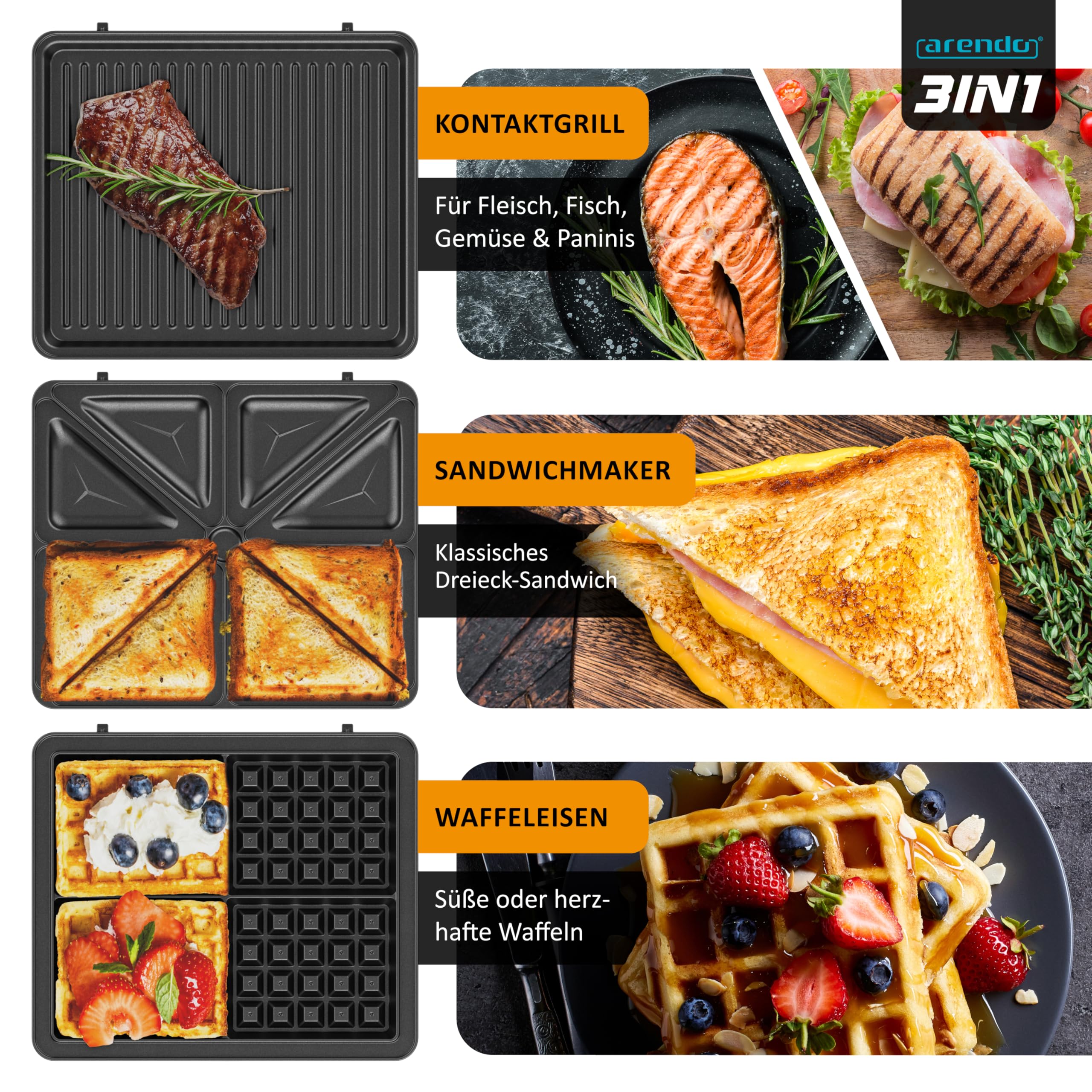 Arendo - Sandwichmaker XXL 4er - 3 in 1 Waffeleisen Kontaktgrill mit abnehmbaren Platten - mit Antihaftbeschichtung - BPA frei - Temperaturkontrolle – Sandwichtoaster - 4er Platten