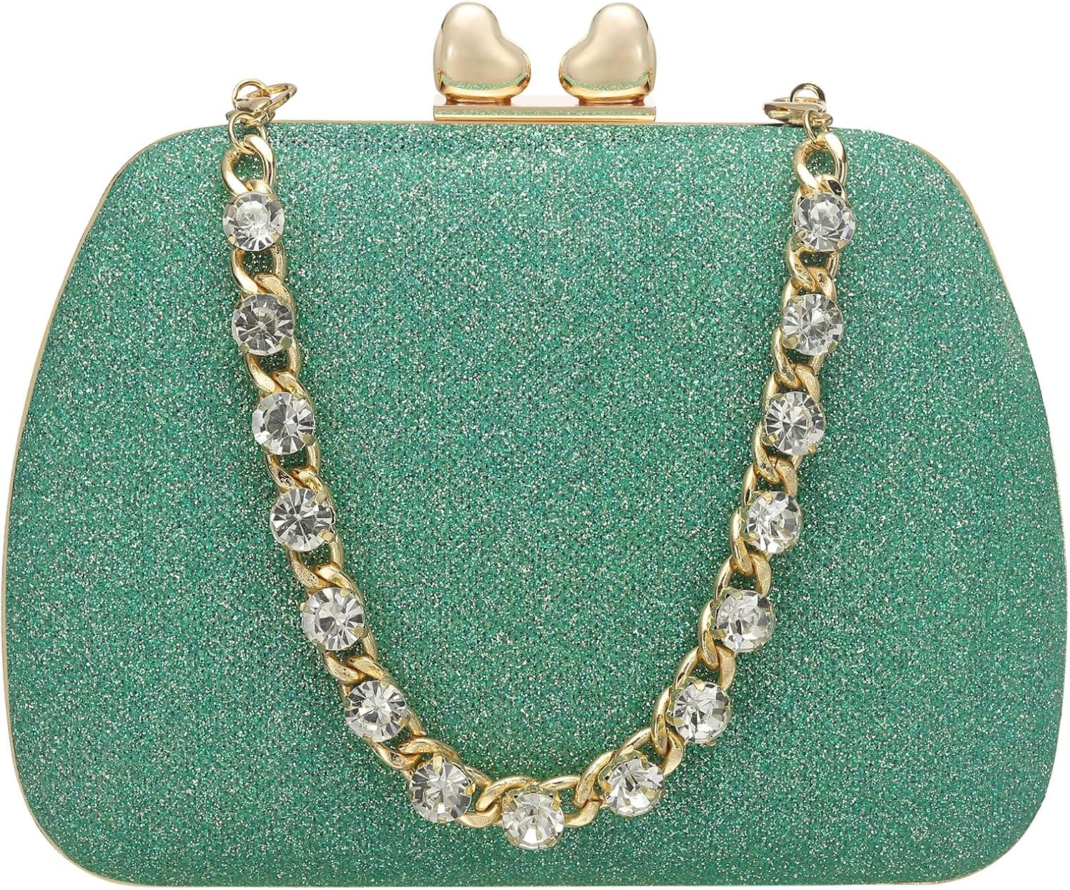 Sparkly Evening Clutch Purse for Women, Vintage Heart Shape Buckle Clasp Handbag for Bridal Wedding 1920s Party Square Box Crossbody Bag, Green