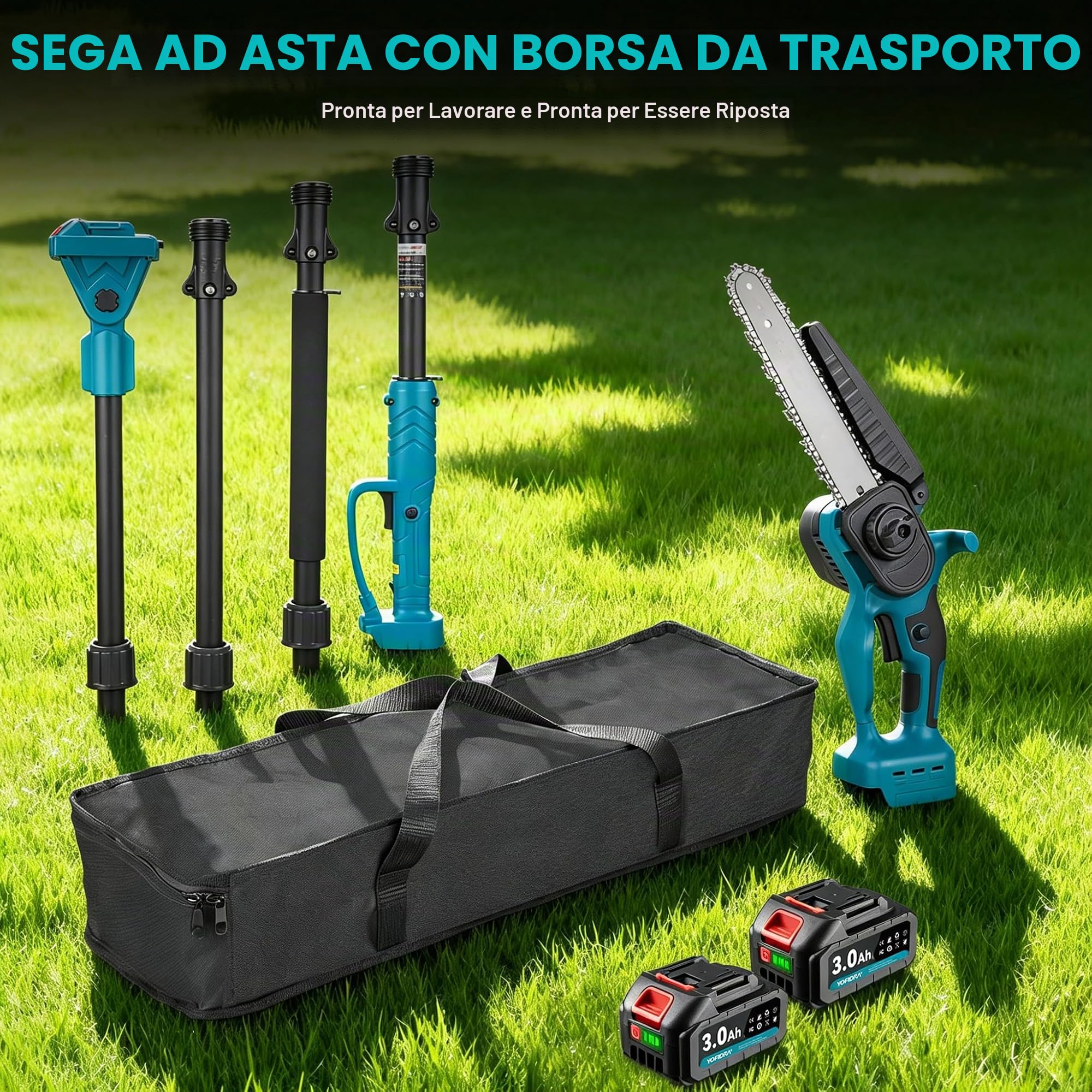 Yofidra 2 in 1 Motosega a Batteria Telescopica, Asta rimovibile 2,4 m | Motosega da Potatura Elettrica, 2 Batterie da 3.0Ah, Sega a Batteria per Potatura Rami e Potare Alberi