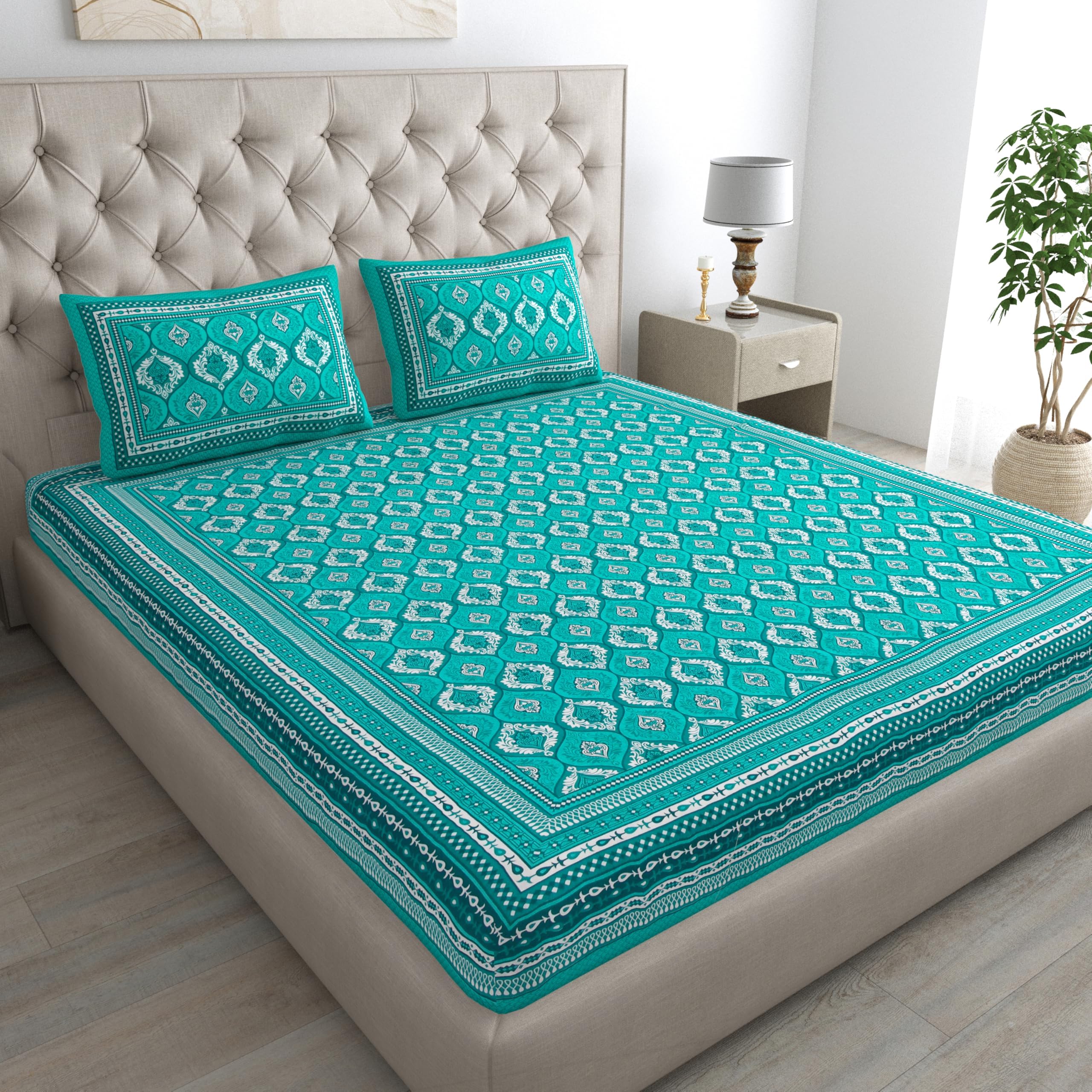 - 100% Cotton Bedsheet for Double Size Bed bedsheets Rajasthani Jaipuri Printed Double Size Bedsheet with 2 Pillow Cover Turquoise Blue, Geometric Print (Teal)