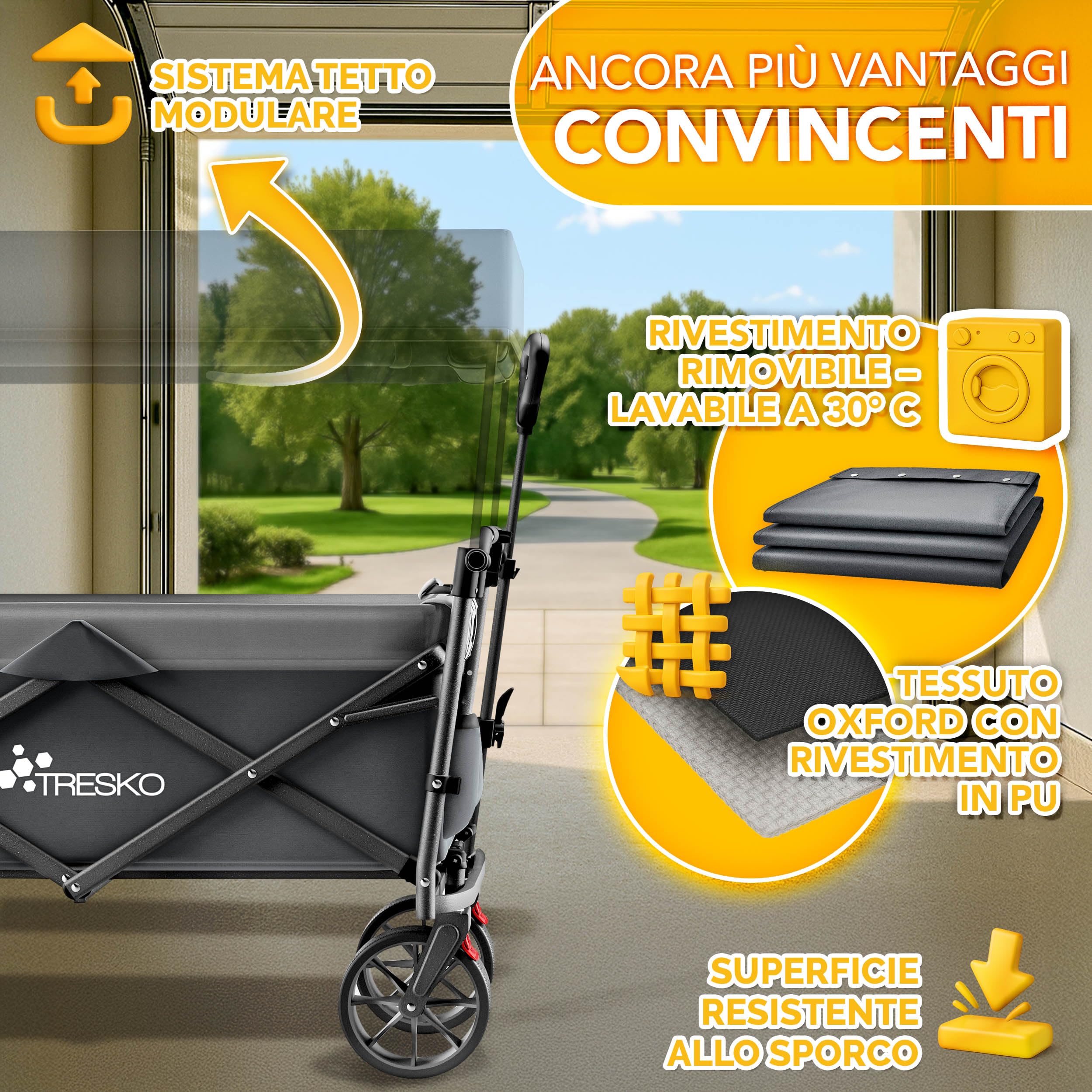 TRESKO® Carrello pieghevole con tetto, vano frigorifero e tapparelle laterali, portata massima fino a 150 kg, carrello di trasporto con pneumatici in gomma e freni di stazionamento