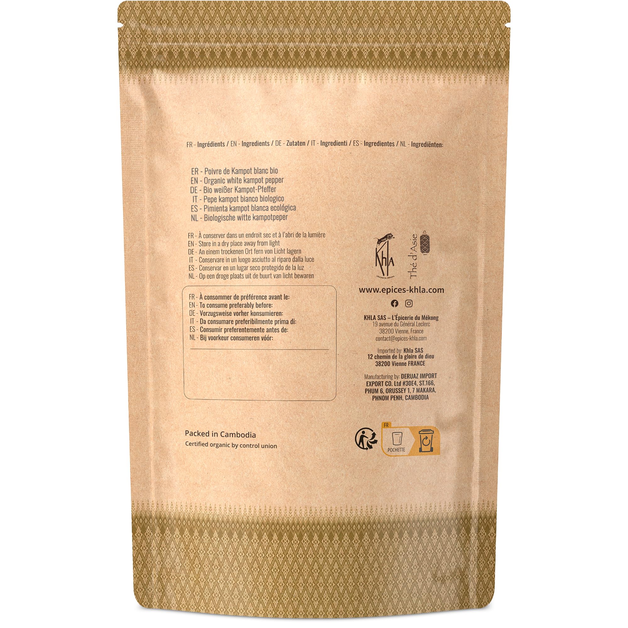 Khla - Pepe bianco Kampot biologico - Bustina di pepe Vrac in grani 500g - Ricarica per macinino - Ingrediente da cucina - Direttamente dal produttore - Spezia asiatica - Origine Cambogia