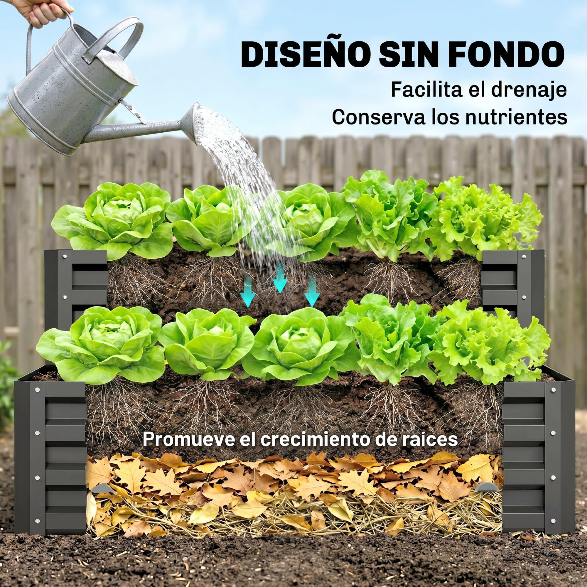 Outsunny Huerto Urbano de 2 Niveles de Acero Galvanizado, Jardinera Exterior con Diseño de Escalera y Fondo Abierto para Cultivos, Plantas, Herbaria, para Terraza, Jardín, 120x101x58 cm, Gris Oscuro