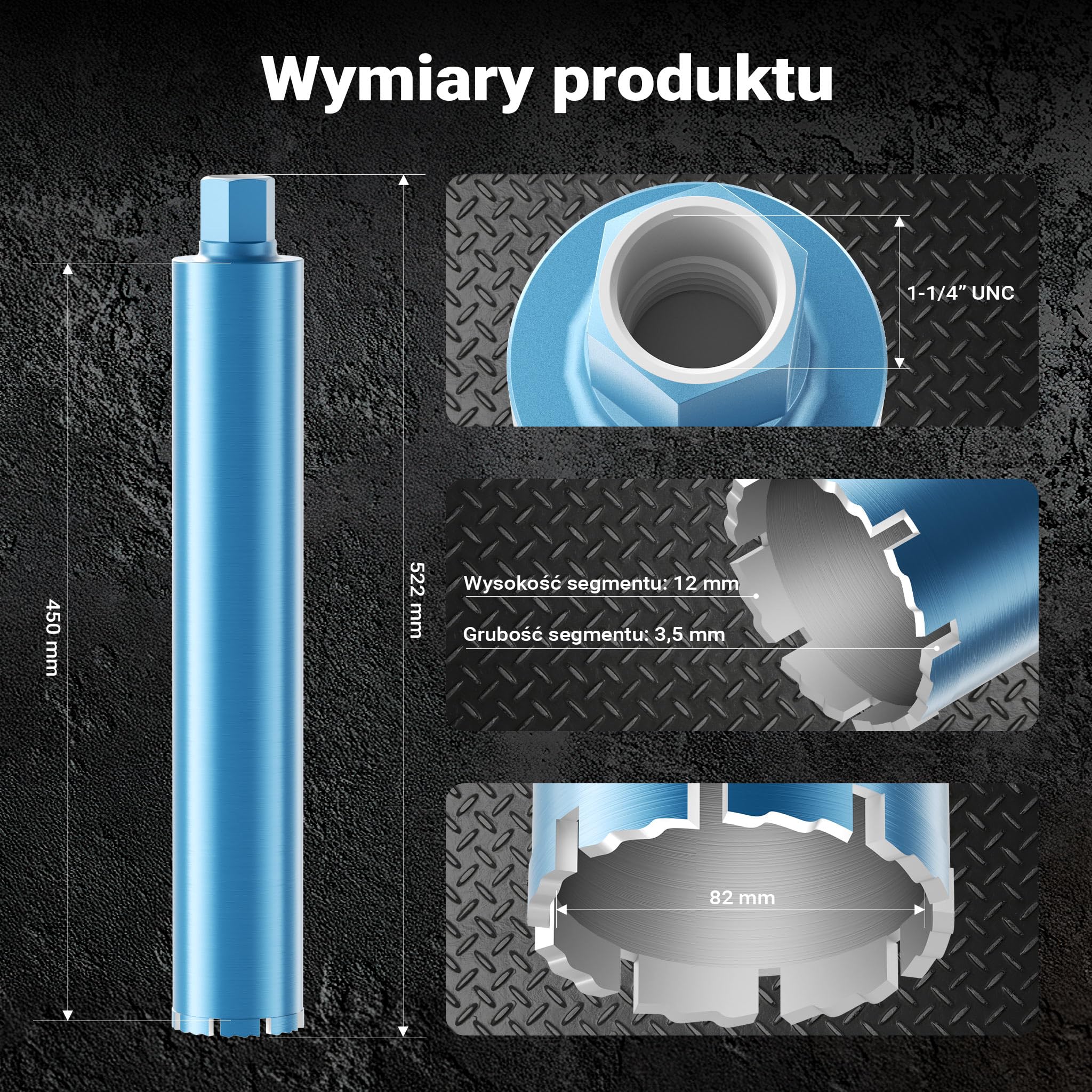 Wiltec Wiertło diamentowe koronowe typu Shark Ø 82 mm o długości 450 mm, 1¼ UNC, do wiercenia w betonie, kafelkach, kamienia i granitu