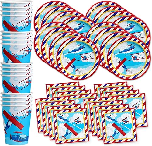 Juego de suministros para fiesta de cumpleaños de avión, platos, servilletas, vasos, vajilla para 16