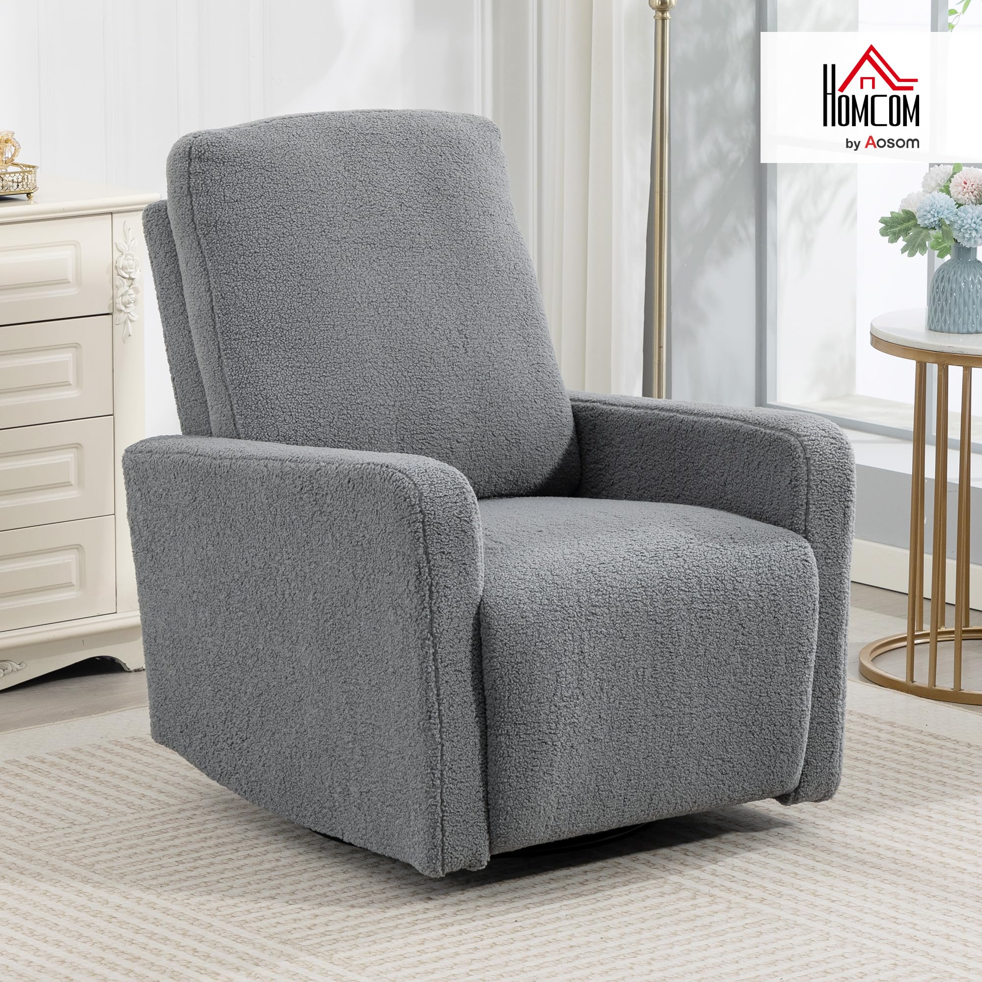 HOMCOM Sillón Relax Reclinable Manual, Sillón Relax de Borreguito con Reposabrazos, Reposapiés, Acolchado Grueso, Función de Balanceo 360°, Butaca Reclinable hasta 135º para Salón, Dormitorio, Gris