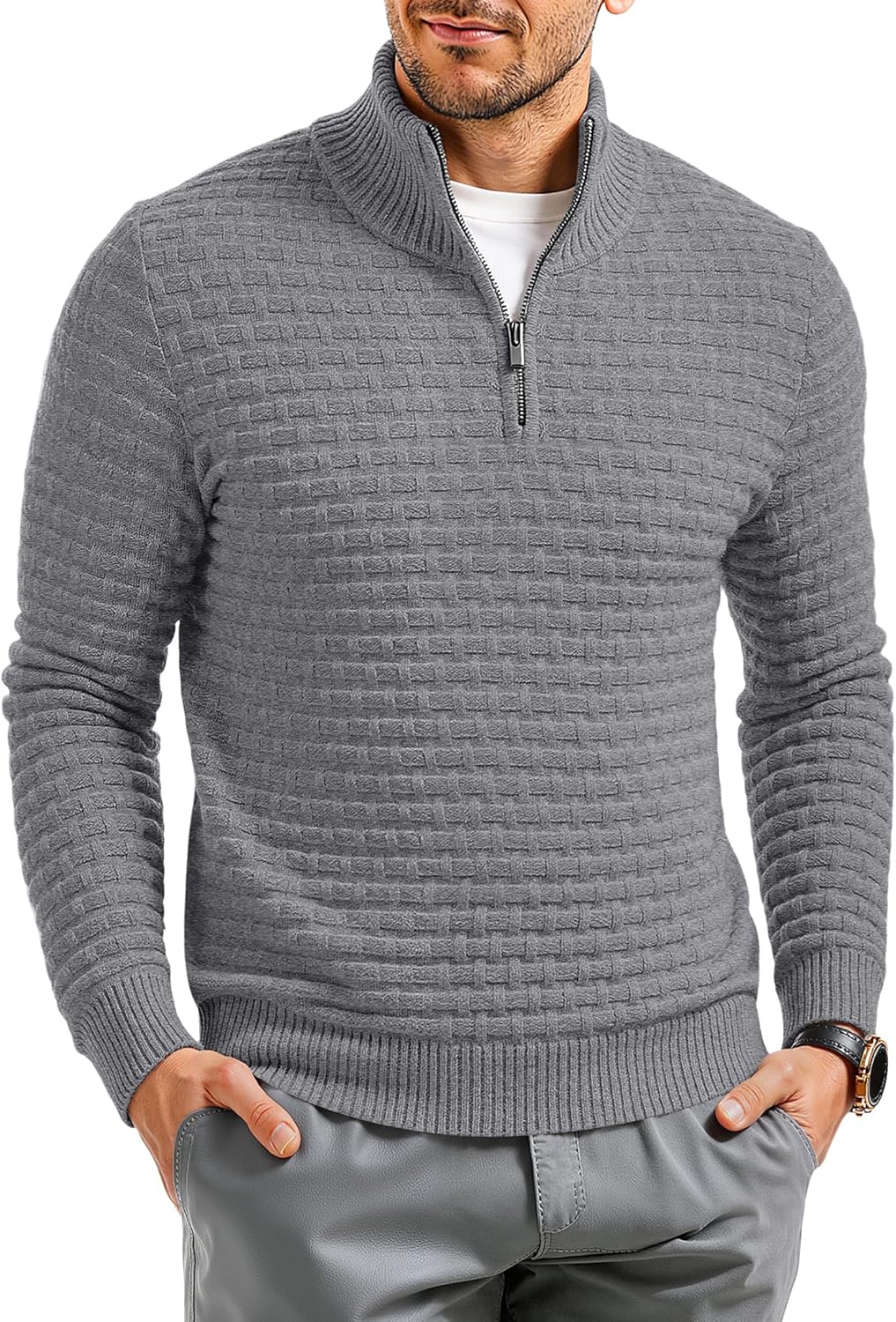 RQP Mens Quarter Zip Pullover Sweaters Relaxed Fit Knit Texture Sweater with Ribbing Edge
