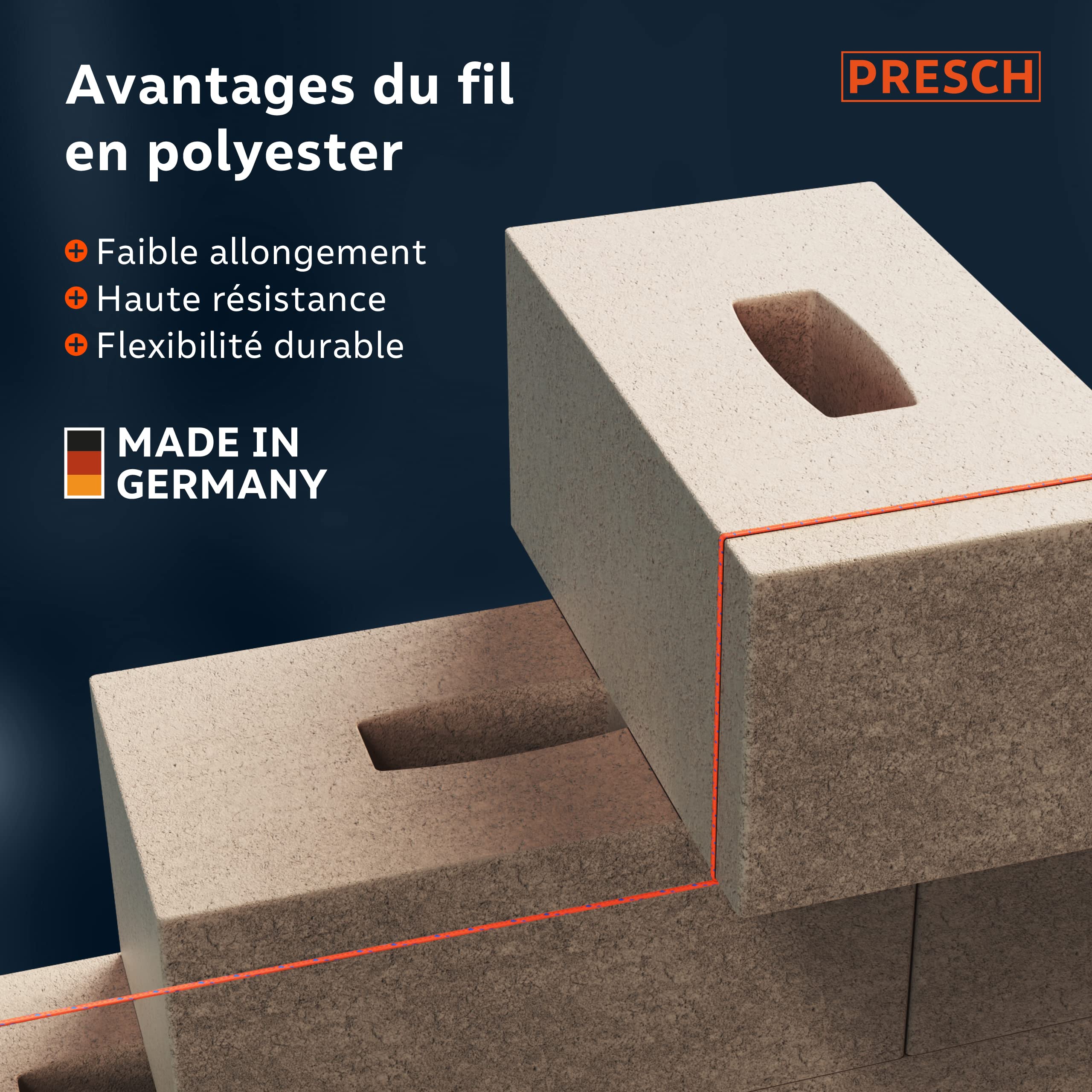 Presch Cordeau de maçon 100m | ⌀2,0mm | Polyester | Cordeau d'alignement résistant à la déchirure et aux intempéries avec Bobine | Cordeau de Construction résistant aux Noeuds