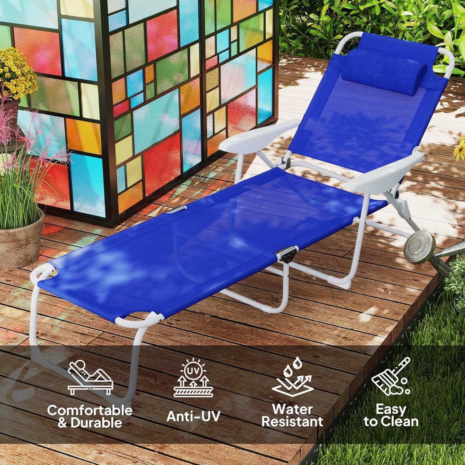 Adjustable Reclining Pool Lounge Chair - 4-Position Foldable Chaise with Removable Pillow & Armrests, 265 lbs Capacity (Blue)
