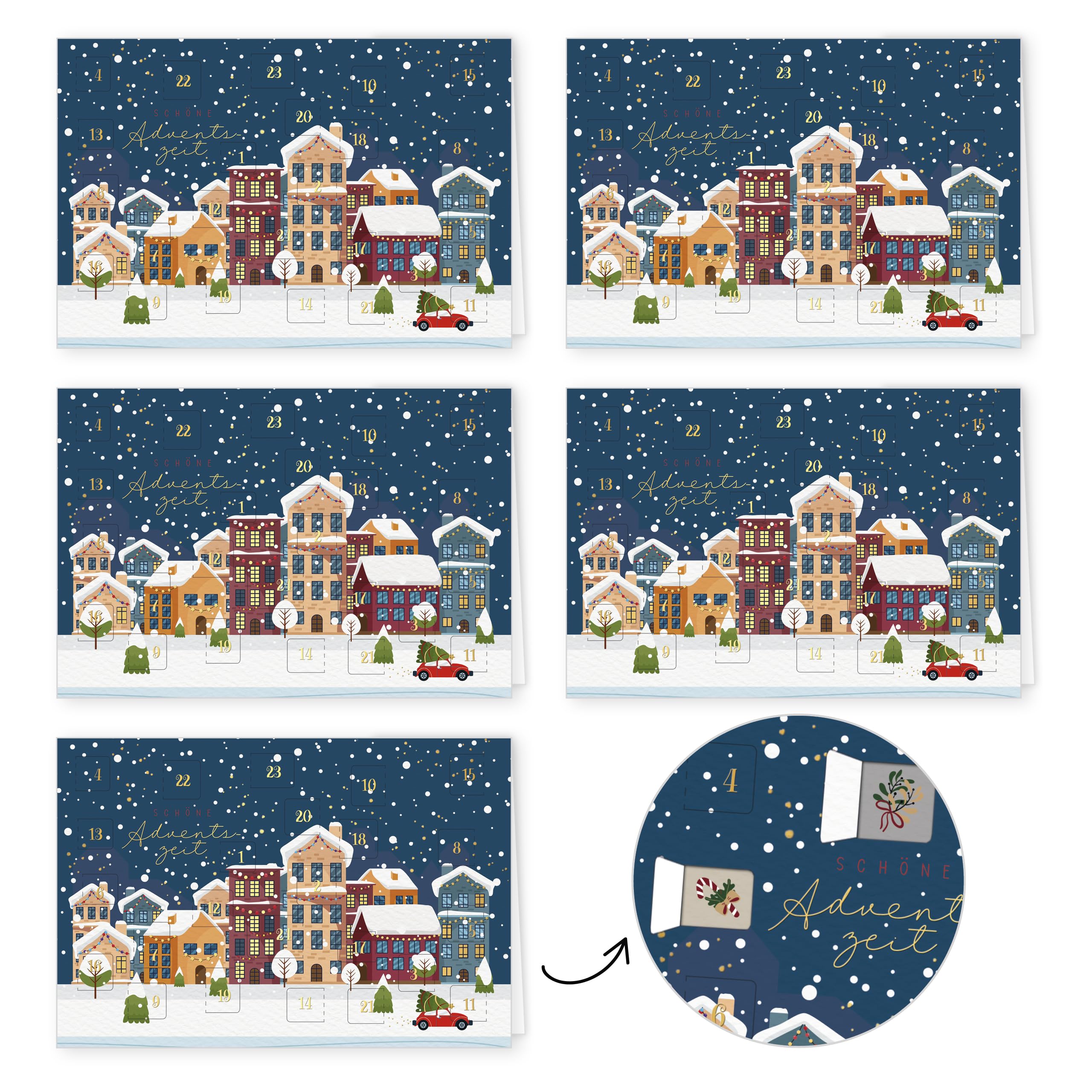 PremiumLine, calendario dell'Avvento, 5 pezzi, con busta, biglietto di auguri di Natale, 11,5 x 17,5 cm, biglietto pieghevole per calendario dell'Avvento