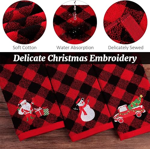 Miniatura 3 de MCEAST Paquete de 3 toallas de mano navideñas de 14 x 25 pulgadas, toallas de algodón bordadas de Navidad, toallas de mano a cuadros rojos y negros,