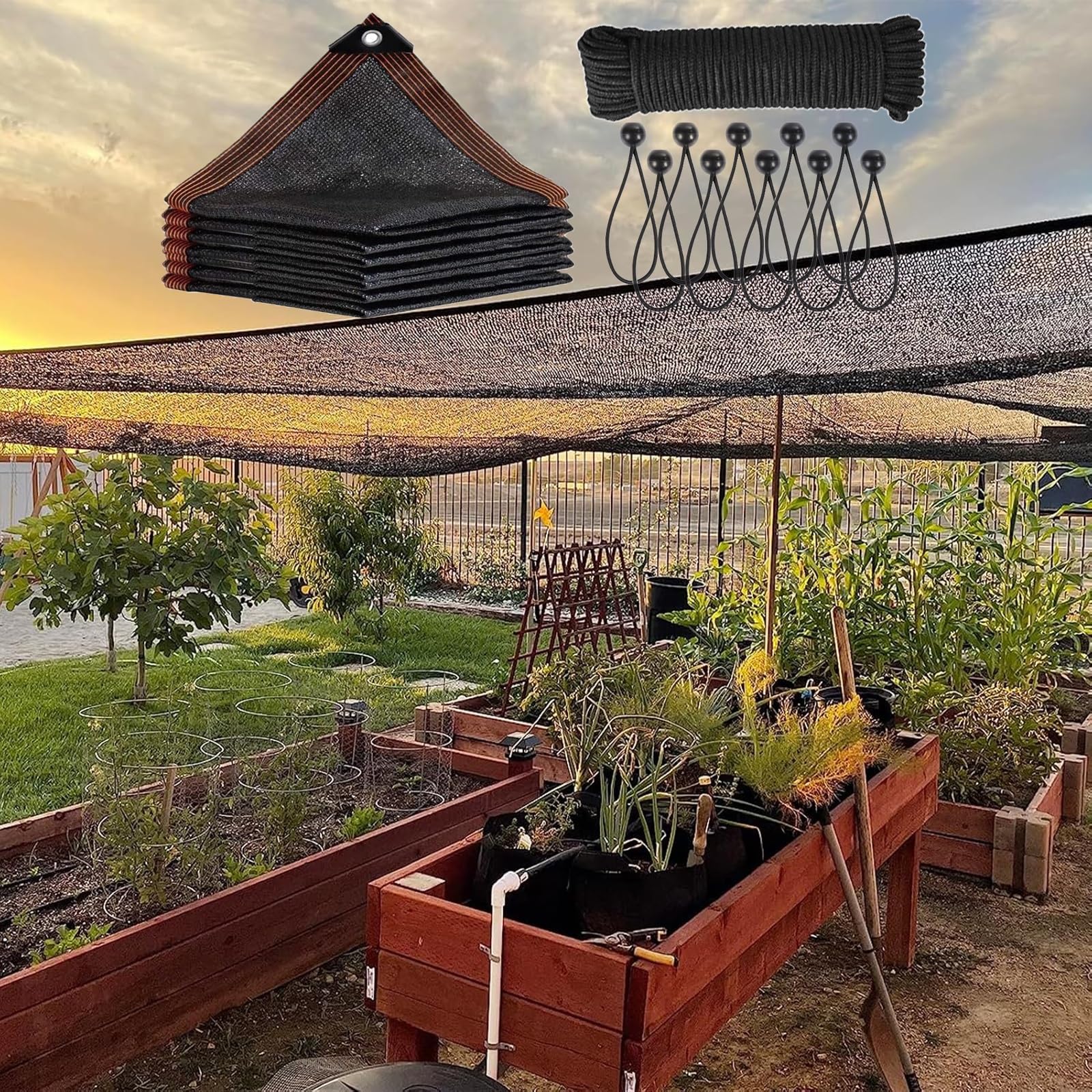Malla de sombreo para jardín de 2,1 x 7,6 m (7 x 25 pies), Resistente, con protección UV y Ojales, Ideal para Cubrir Plantas, invernaderos, pérgolas y Exteriores.
