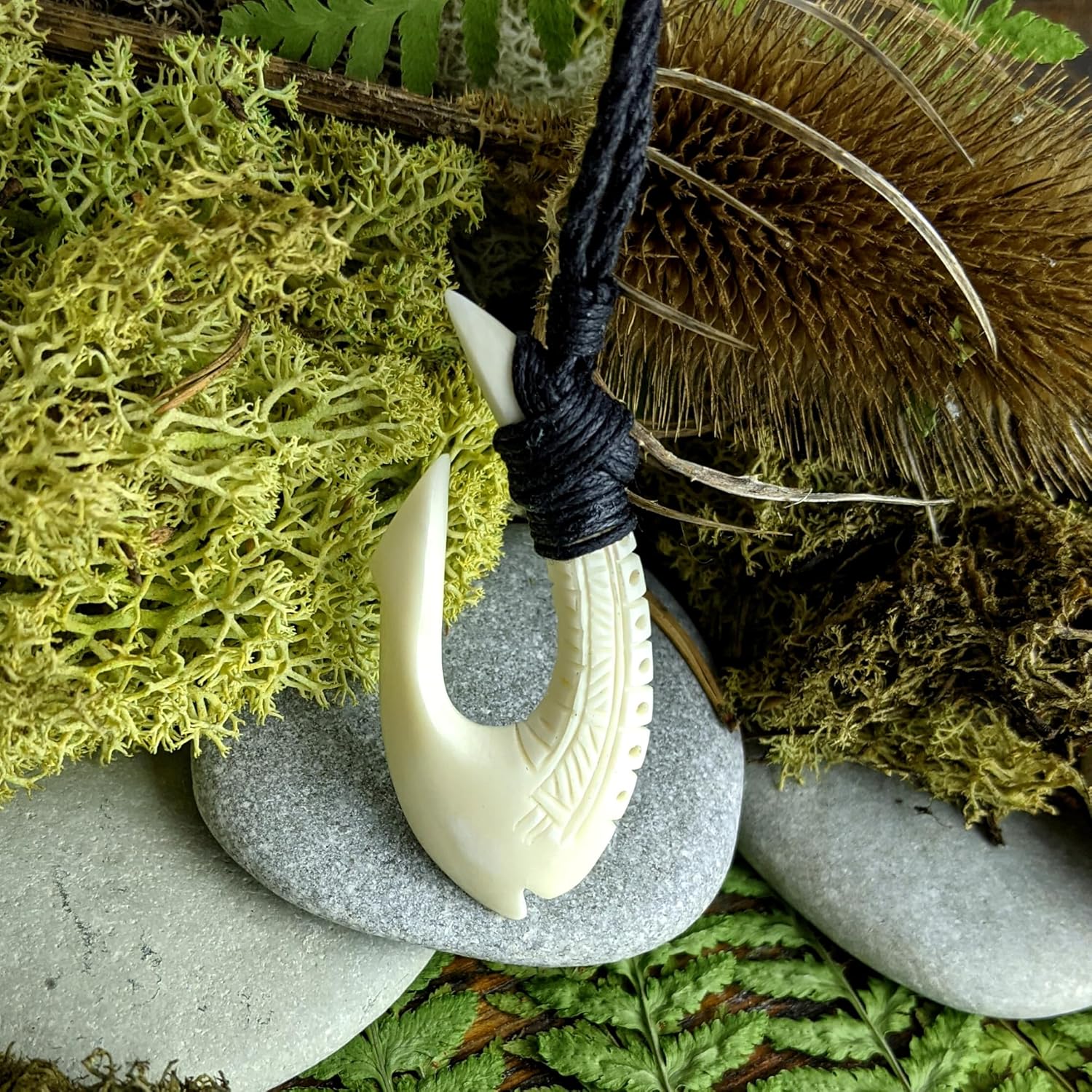 81stgeneration Large Hand-Carved Bone HEI Matau Pendant - Men's Surfer Accessory - Handmade Maori-Style Fish Hook Cord Necklace - Fishing Amulet - Natural Bone Tribal Jewelry for Women - Image 3