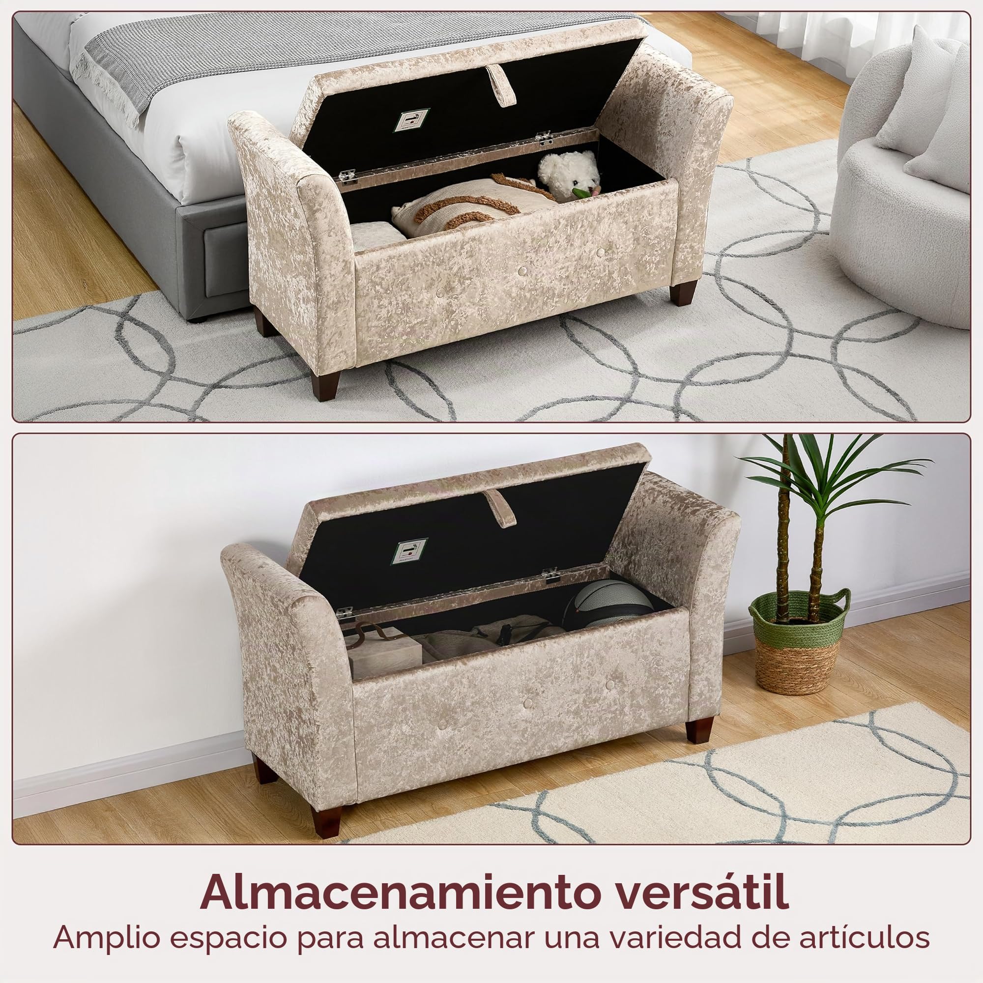 Vida Designs Seville - Otomana de Almacenamiento, baúl de Tela con Tapa, Asiento, Taburete, Banco de Ventana, baúl, Caja de Almacenamiento de Juguetes, Puff, reposapiés, Terciopelo champán
