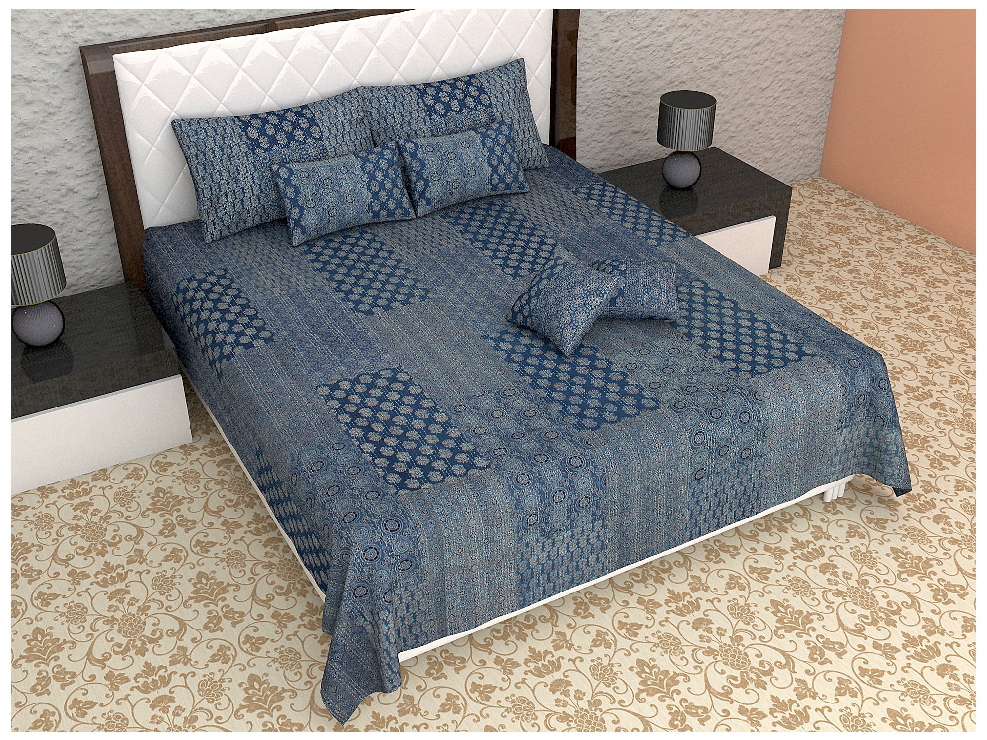 Indigenous Handicrafts Ajrakh Printed Kantha Work Patch Work Blue Set of 7 Reversible Double Cotton Bedspread Bedding Set