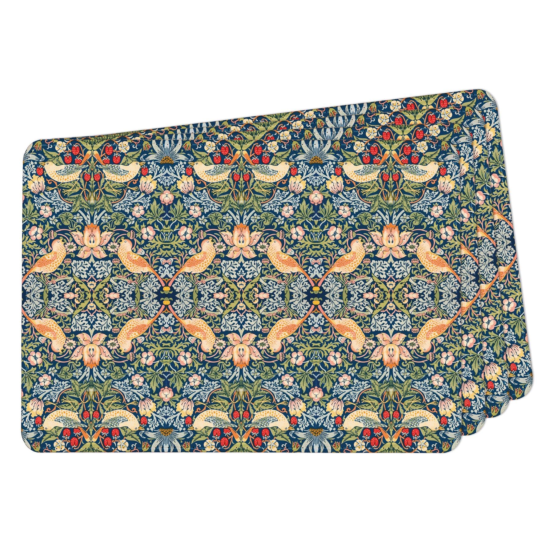 Set of 4 Faux Leather Placemats - Blue Strawberry Thief - Waterproof Wipeable Dining Table Mats, 28 x 20cm