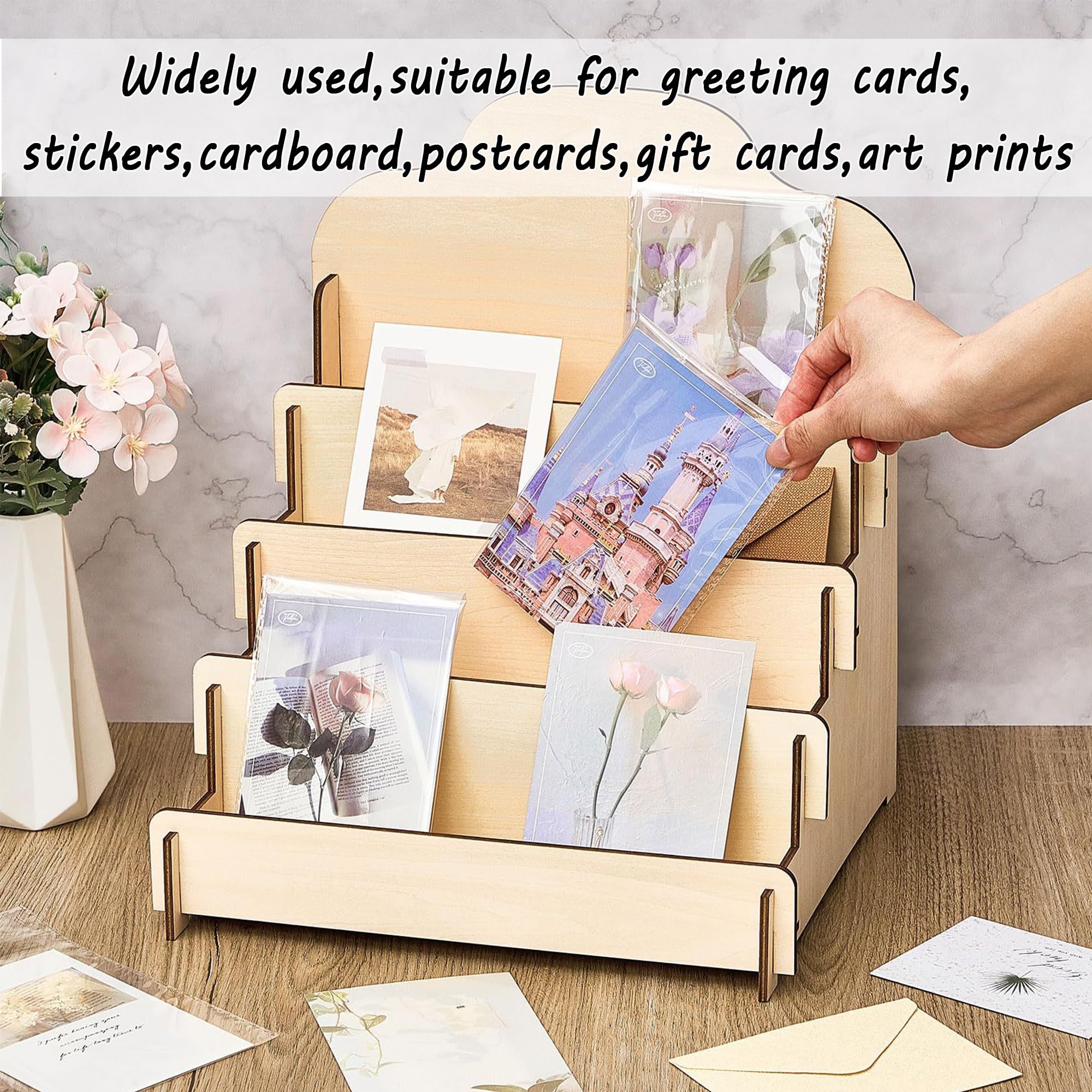 Présentoir à Cartes De Vœux En Bois 4 Niveaux – étagère Rangement Pour Cartes, Photos, Bijoux, Autocollants – 45x40x3 Cm
