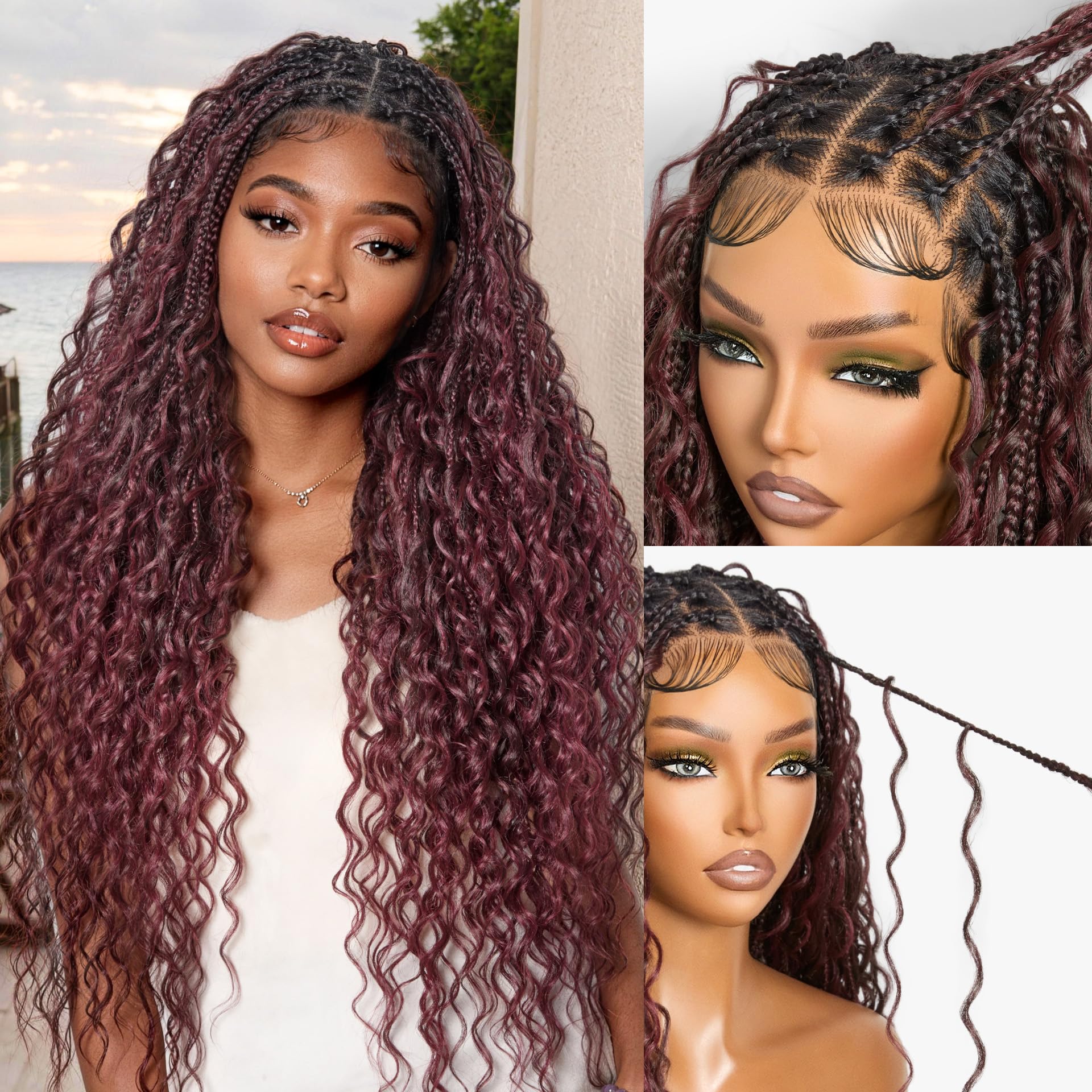 Frodio Braided Wig Veralux™ Fiber Full Lace Boho Curly Water Wave Synthetic Box Braided Wigs For Black Women Salon-Level 200% Density Bohemia Natural Scalp Pre-Cut Lace 30 Inches Dark Red 99J Color