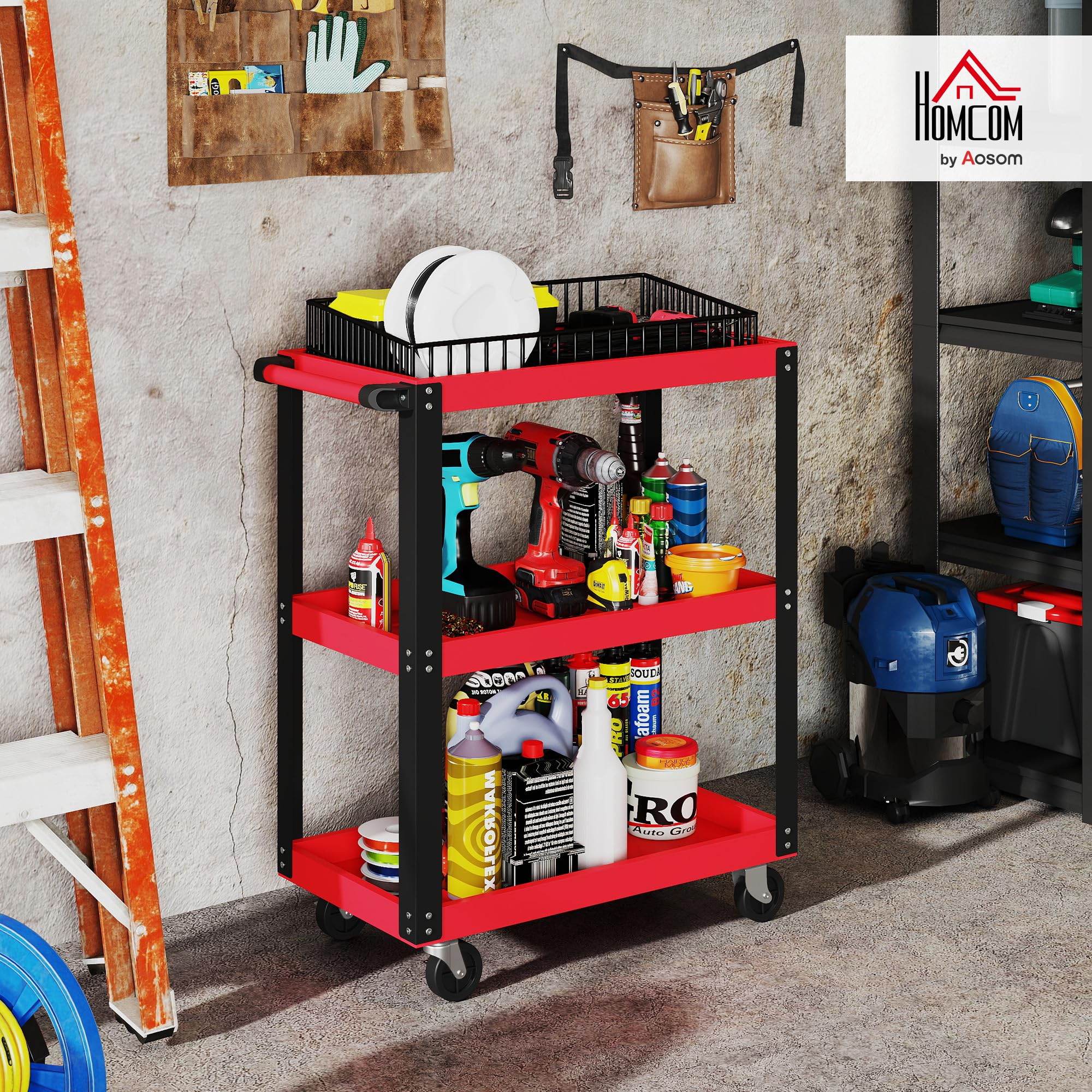 HOMCOM Chariot d'atelier servante Atelier Chariot à Outil à 3 Niveaux, poignée latérale et roulettes verrouillables, pour Garage, entrepôt, Outils de Bricolage, Charge 120 Kg, 70,5x35x82,5cm, Rouge
