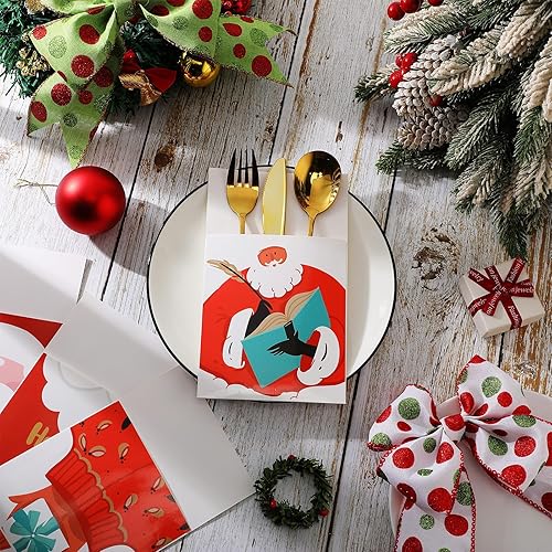 Miniatura 3 de 48 soportes para cubiertos de Papá Noel de Navidad, con bolsillos, soporte para cubiertos de Navidad, bolsas, cuchillos, tenedores, bolsa para