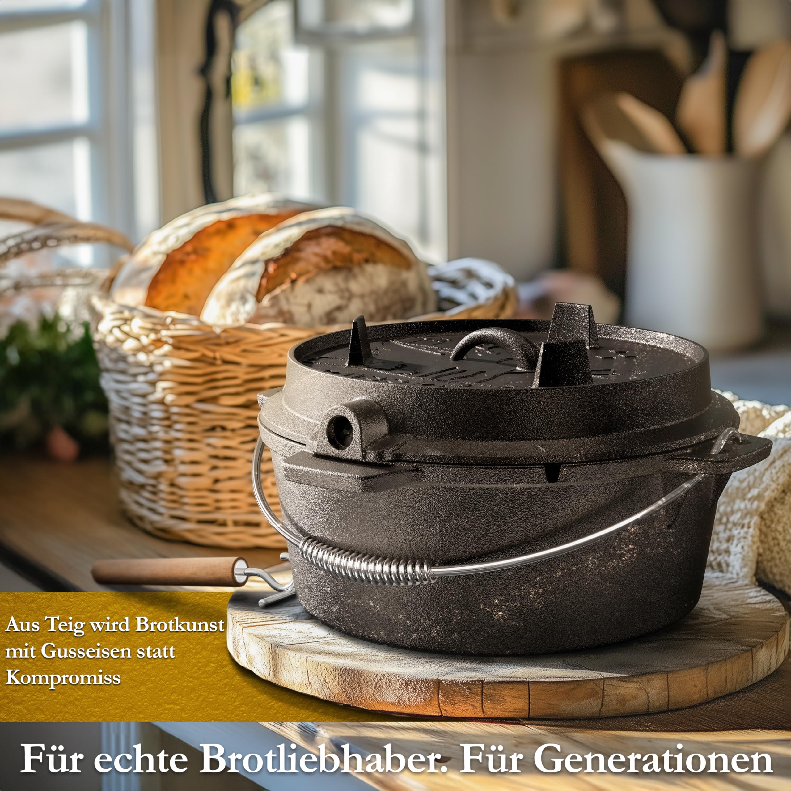 GUSSKÖNIG Gusseisen Brotbackform mit Deckel 33 cm - Brotbacktopf inkl. Rezeptbuch I Brottopf zum backen I Brot Backen Zubehör I eingebrannter Dutch Oven zum Brotbacken I Gusseisen Topf Brot backen
