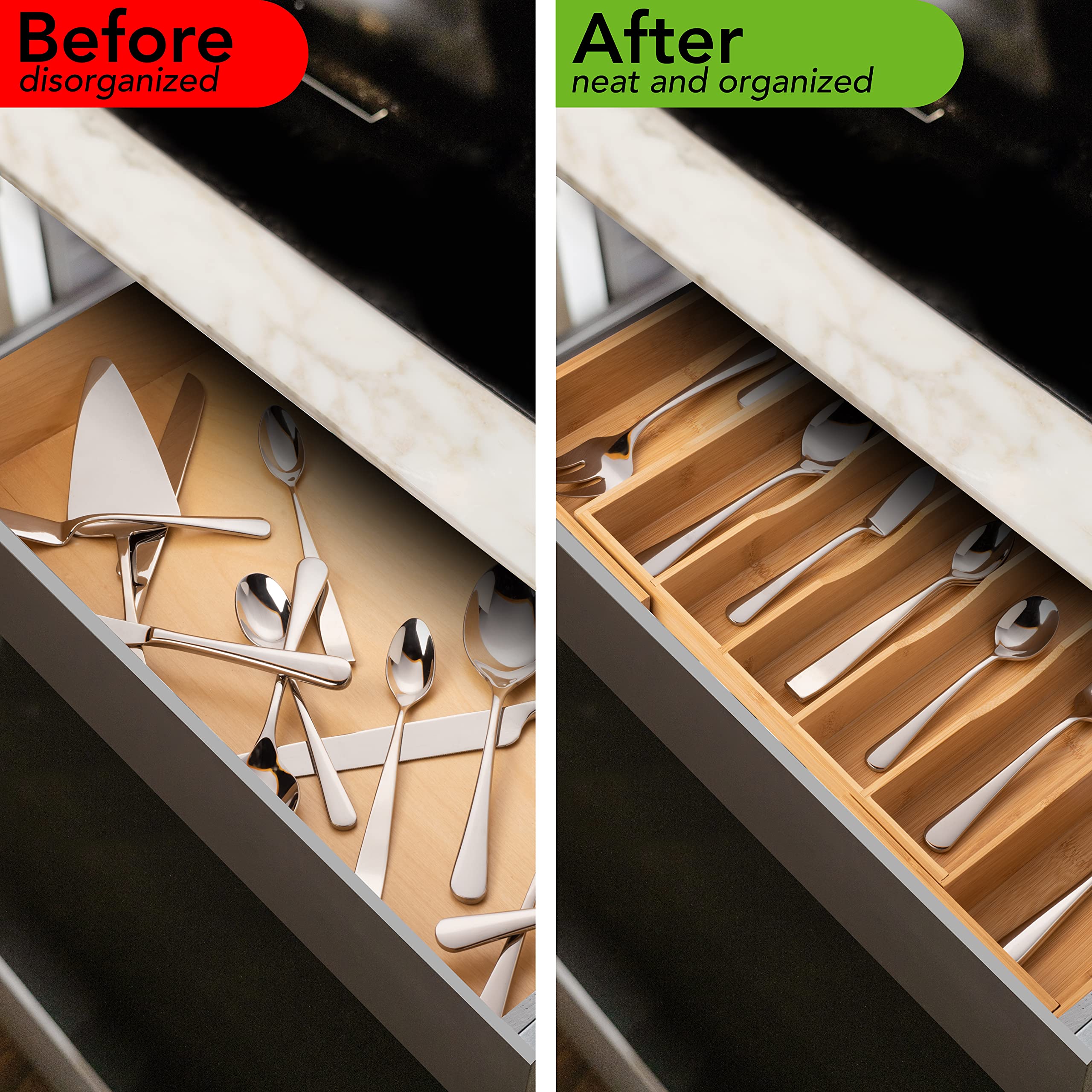 ChellyHomes Bamboo Expandable Silverware Holder, Adjustable Cutlery Organizer, Wood Organizers Tray for Flatware, Knives and Utensils - Fits Most Drawers (9 Slots)