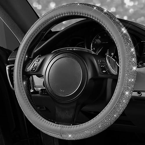 Miniatura 3 de CAR PASS Funda para volante de piel con diamantes de imitación brillantes, ajuste universal de 14 pulgadas, 12-15 pulgadas, protector de volante de