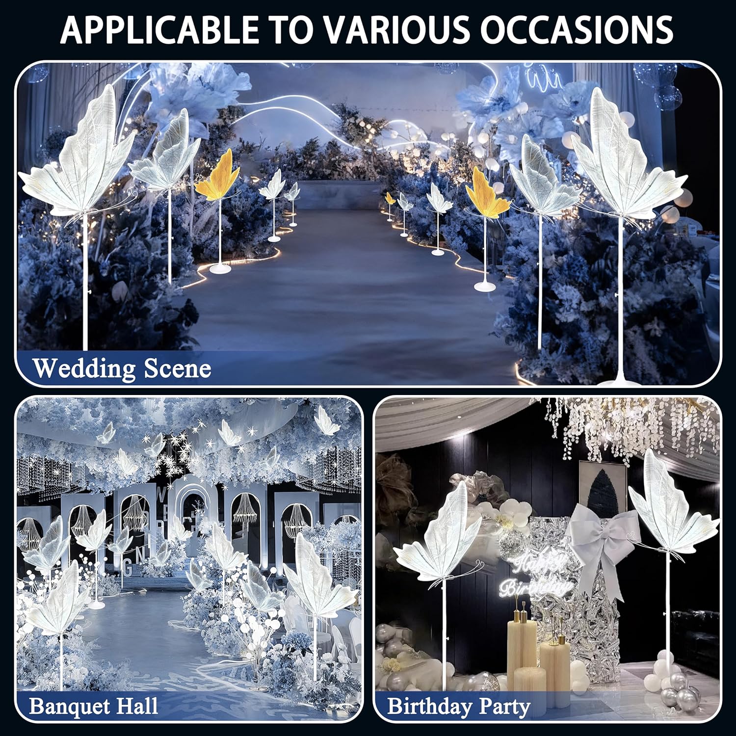 2Pcs 3-Color Butterfly Floor Lamp, 23.6" Wedding Butterfly White Color Ceiling Light & Hanging Dual Use Decorative Lamp, Adjustable Height for Wedding Party (White, W24in)
