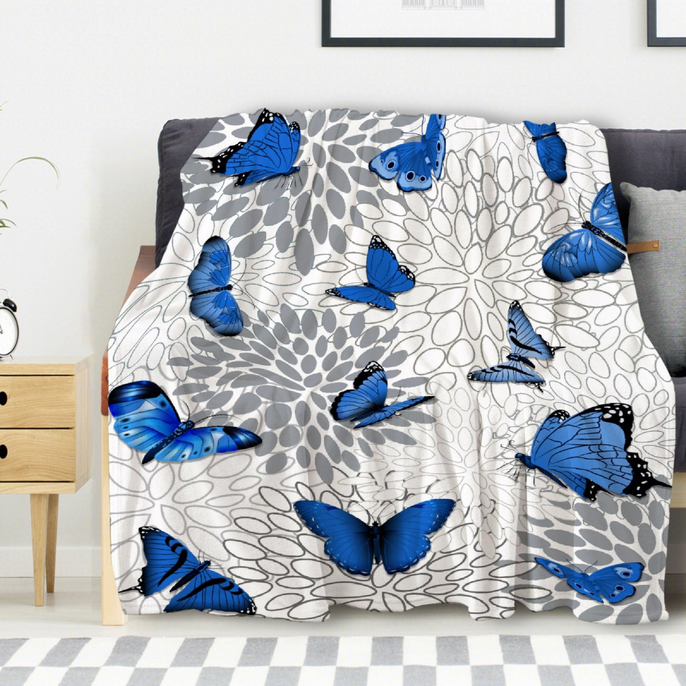 Avalokitesvara Blue Butterfly Flannel Blanket Super Soft and Warm for Bed Couch Sofa 60x50 Inch for Teen Blanket
