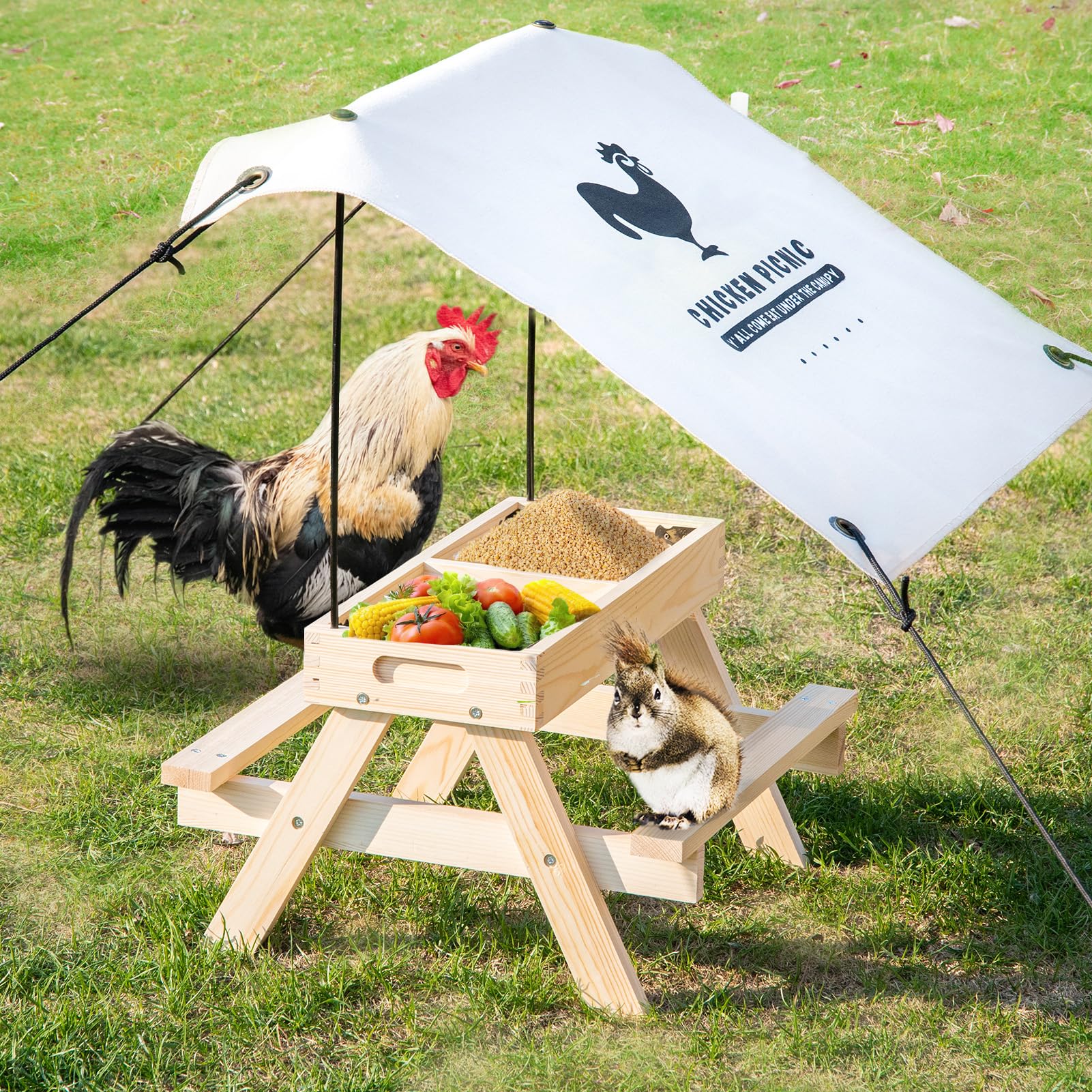 Chicken Picnic Table,Chicken Table with Exclusive Tarp Shelter,Super Easy to Install,(16.9"X10.7") Large&Strong&Stable,Chicken Feeder,Chicken Decor,Squirrel,Bird