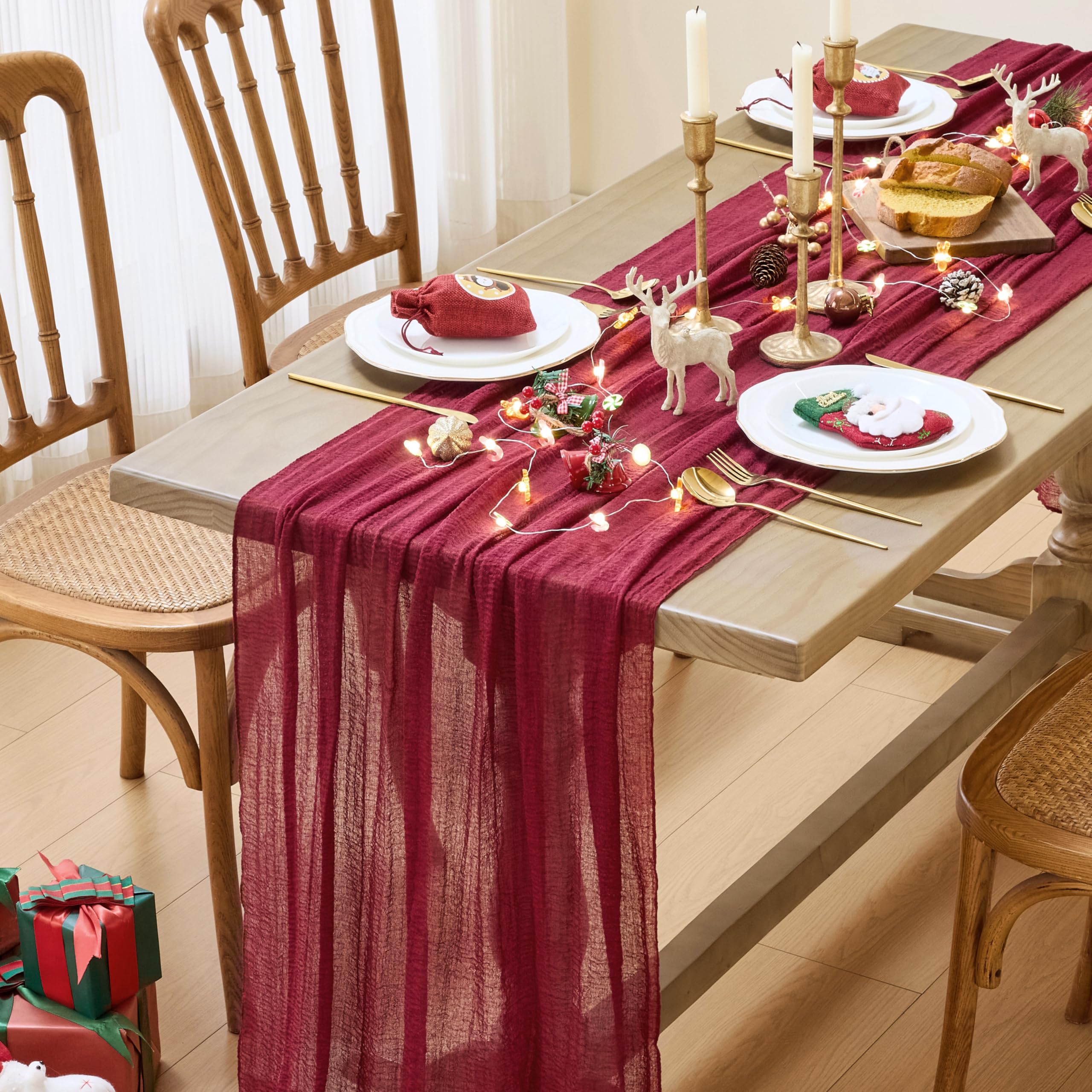 MAIBAOTA Burgundy Cheesecloth Table Runner 300 cm Boho Rustic Gauze Cheese Cloth Table Runners for Wedding Arch Decorations Seasonal Kitchen Dining Holiday Decor
