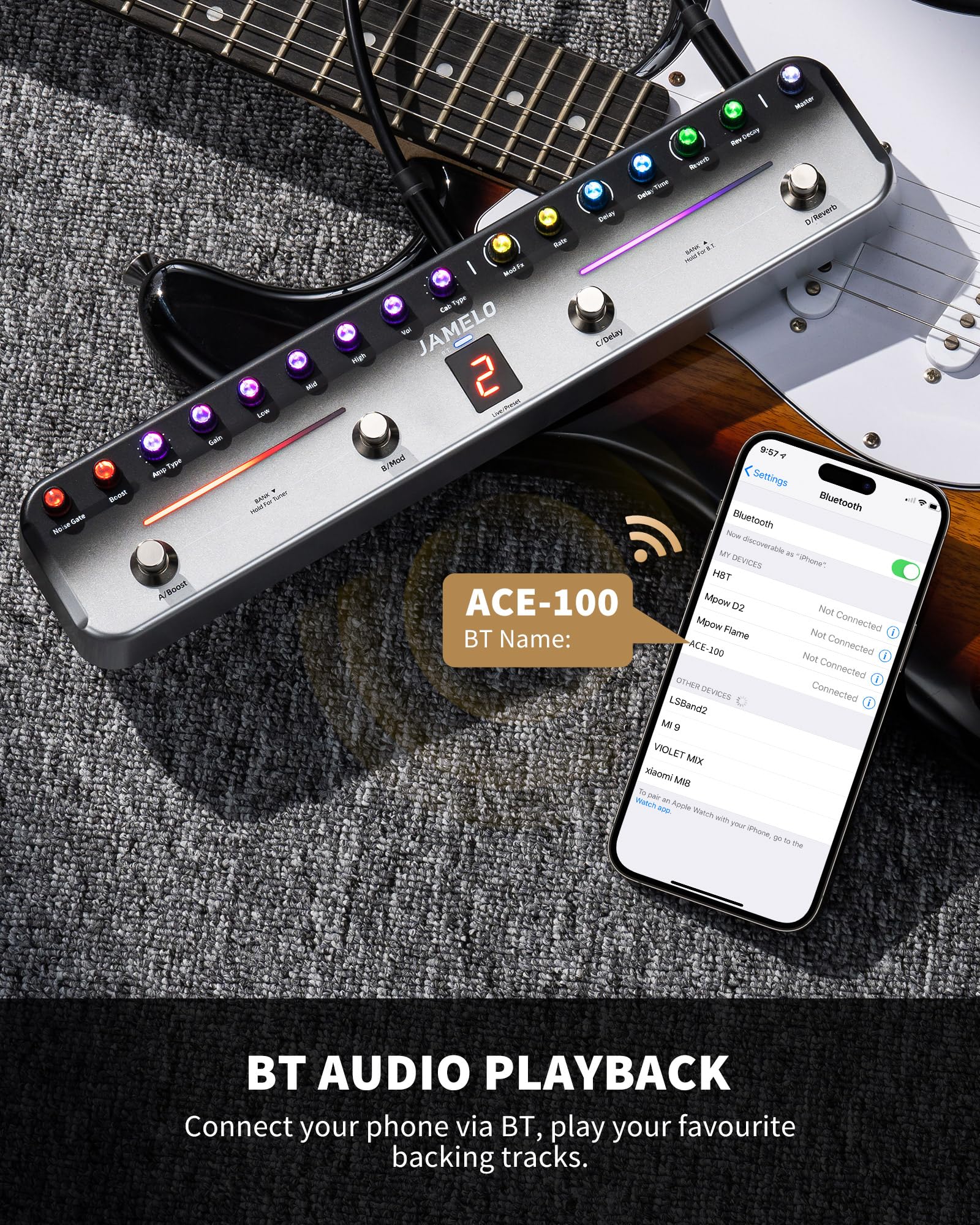 Jamelo Pedale multi-effetto per chitarra elettrica con 40 preset modificabili, 7 moduli di effetti popolari, chorus, delay, riverbero, MOD, batteria ricaricabile
