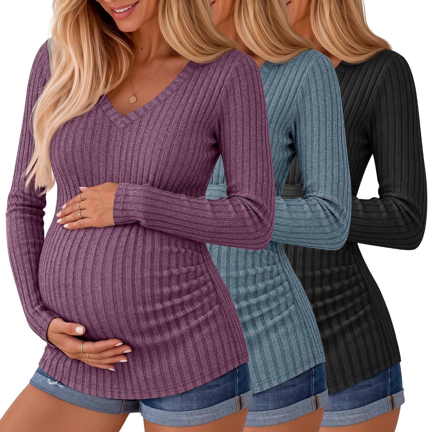 Ficerd 3 Pack Women Maternity Ribbed Long Sleeve Sweater Shirts