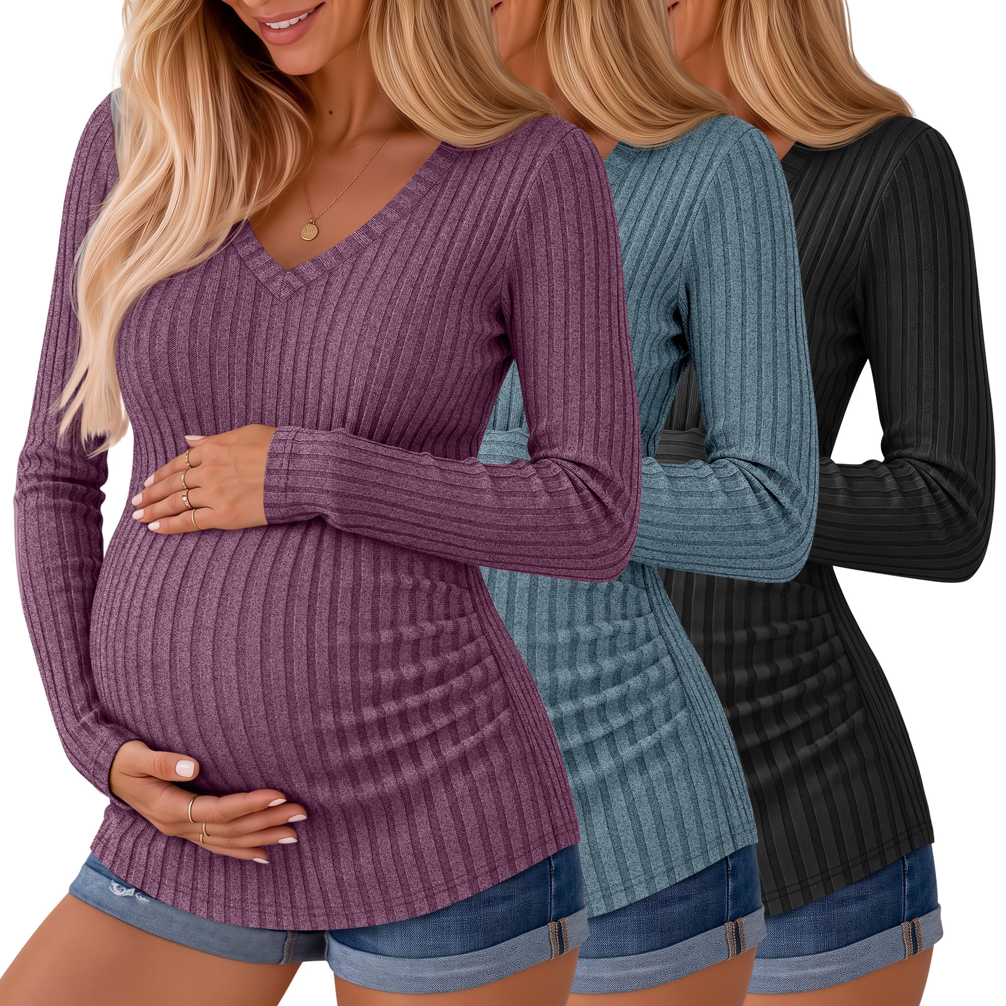 Ficerd 3 Pack Women Maternity Ribbed Long Sleeve Sweater Shirts