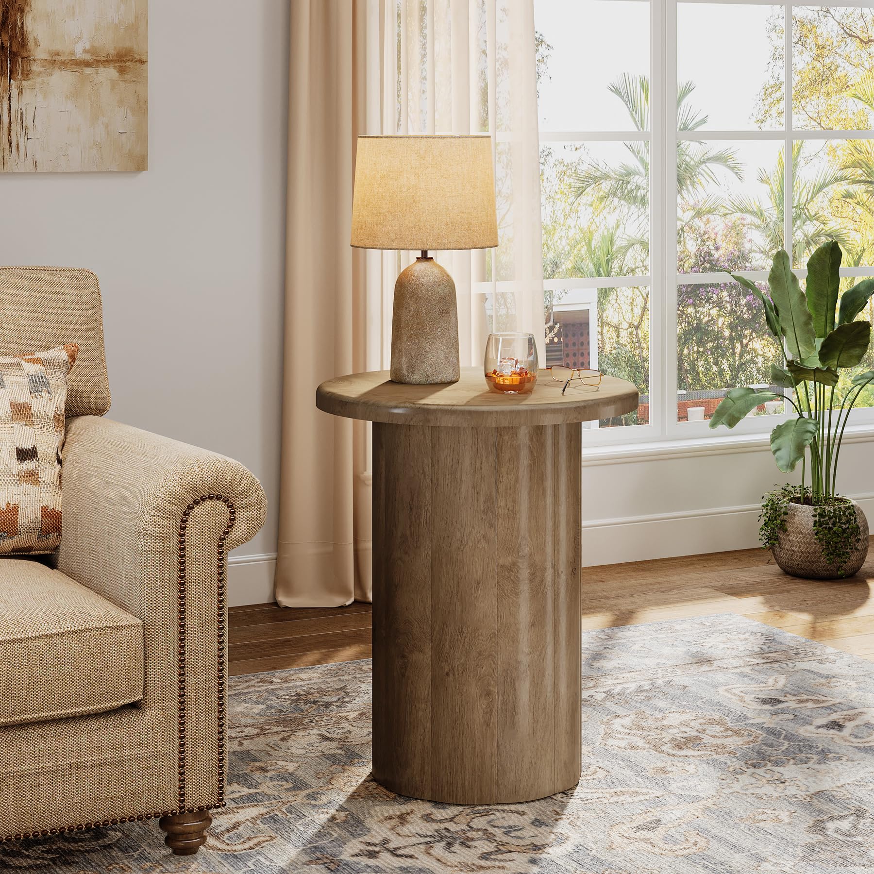 Tribesigns Round Side Table for Living Room, Farmhouse Small End Table with Fluted Base, 20-Inch Rustic Brown Nightstand, Accent Furniture for Small Space Bedroom Apartment