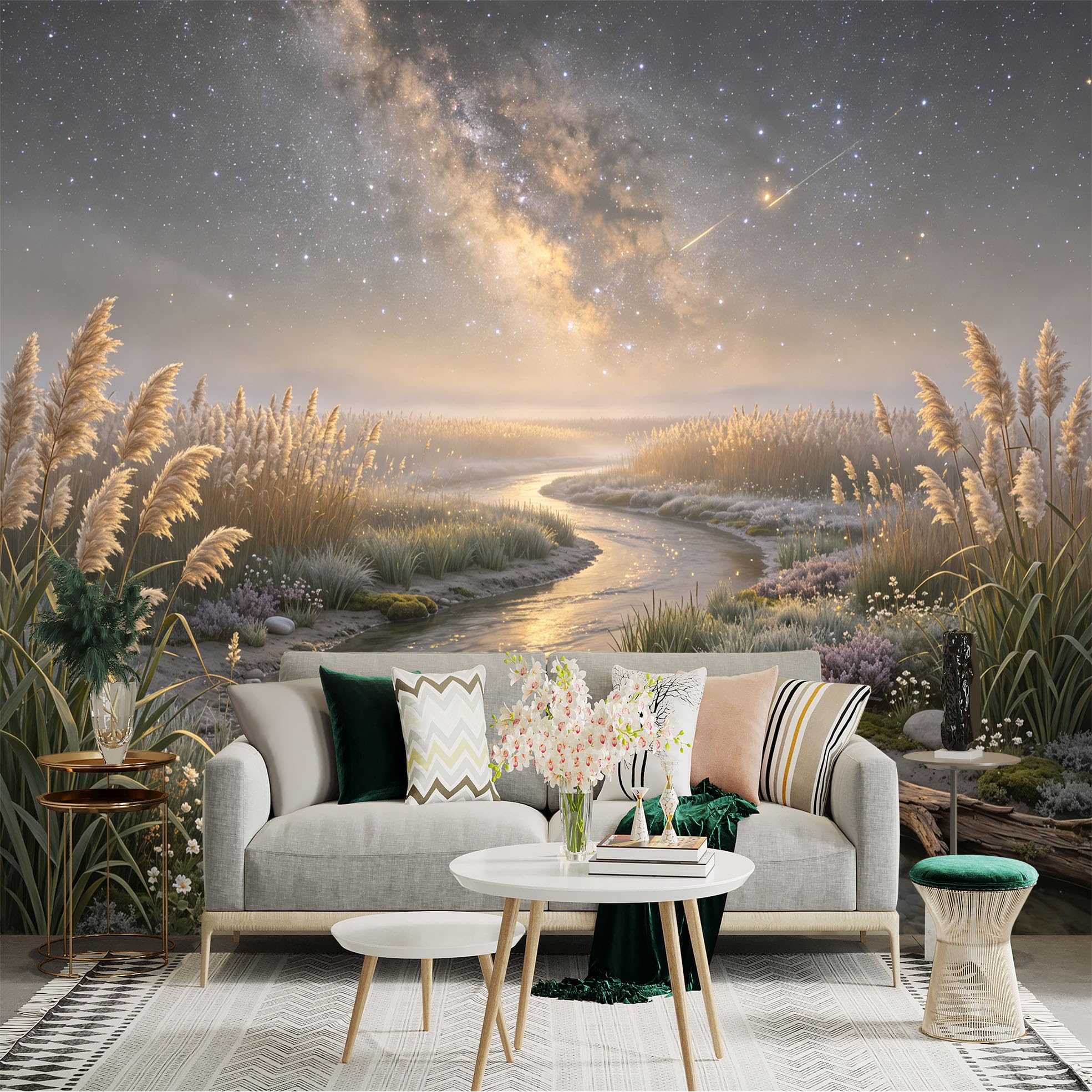 Lnzczhyre Bh260719416 Custom Size Wall Sticker Mural， Milky Way Over River， Reeds And Wildflowers， Serene Night Landscape， For Wall Decoration， Peelandstick Wall Decals.