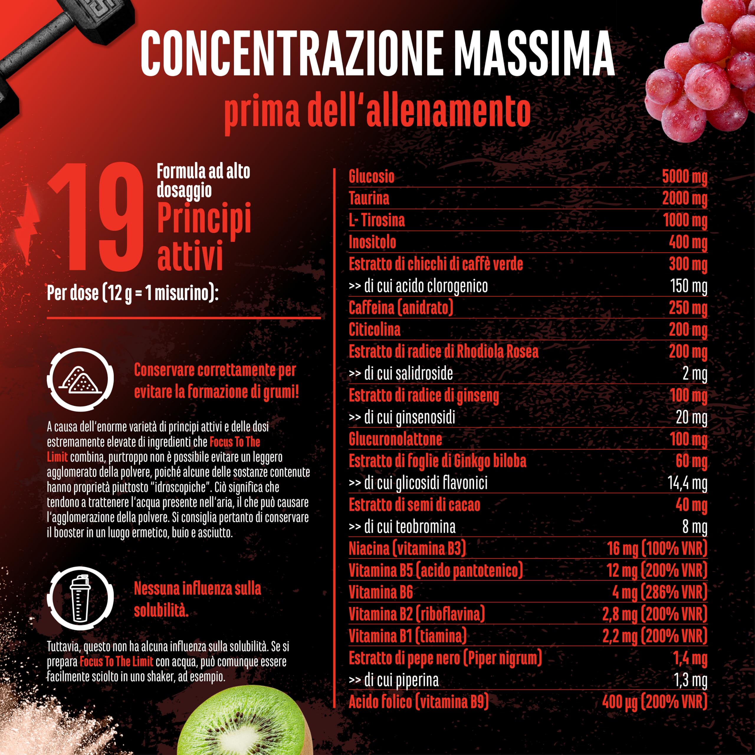 Focus to the Limit - Pre-Allenamento con L-Tirosina + Taurina + Inositolo + Estratto di Ginkgo + Citicolina + Radice di Rosa Rodiola + Caffeina e Vitamine - (240g, Gusto kiwi e uva Rossa)