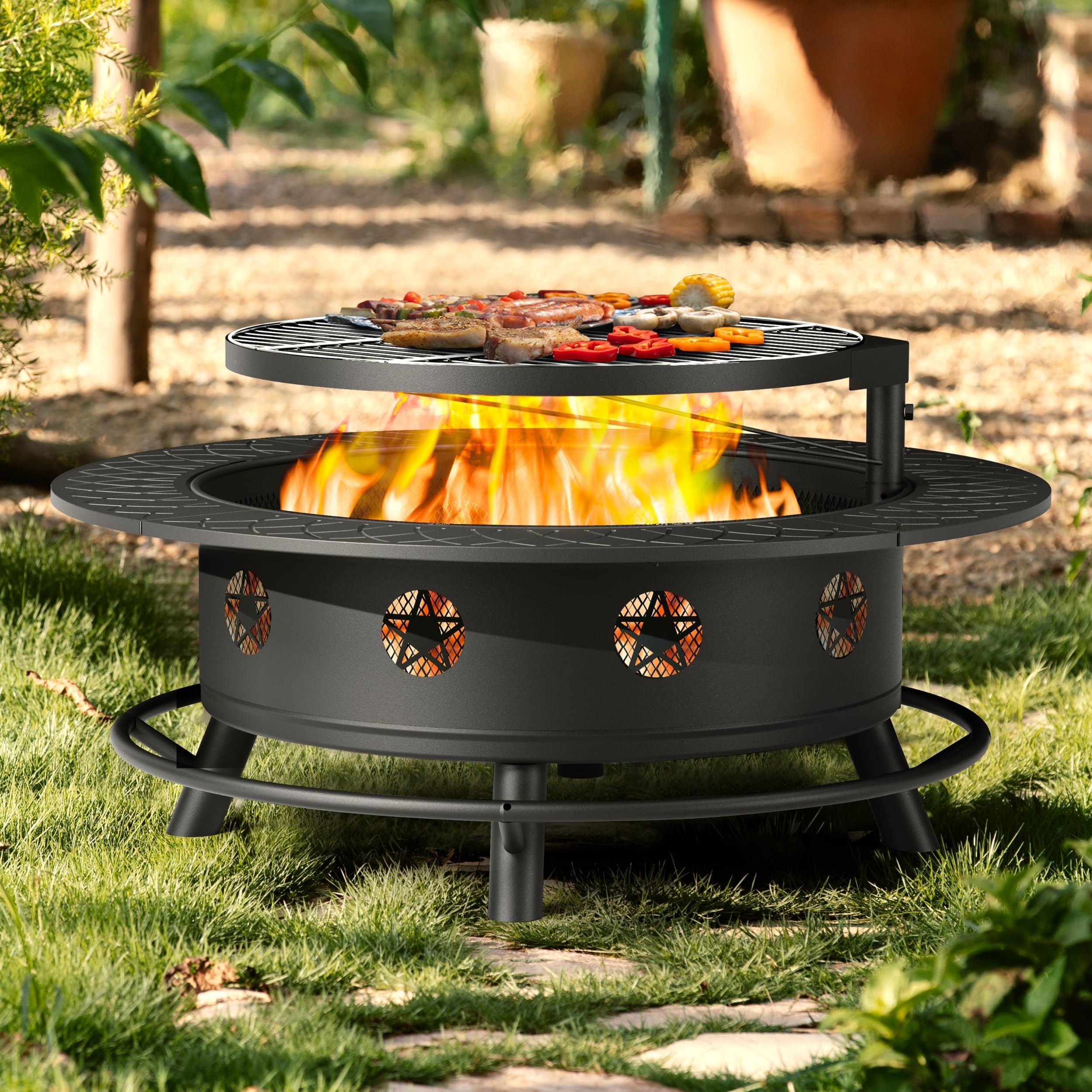 43 Inch Fire Pit with BBQ Grill, Wood Burning Fire Pits for Outside with Lid & Poker, Extra Large Heavy Duty Firepits, BBQ & Outdoor Firepit & Round Metal Table 3 in 1 for Bonfire, Patio, Picnic