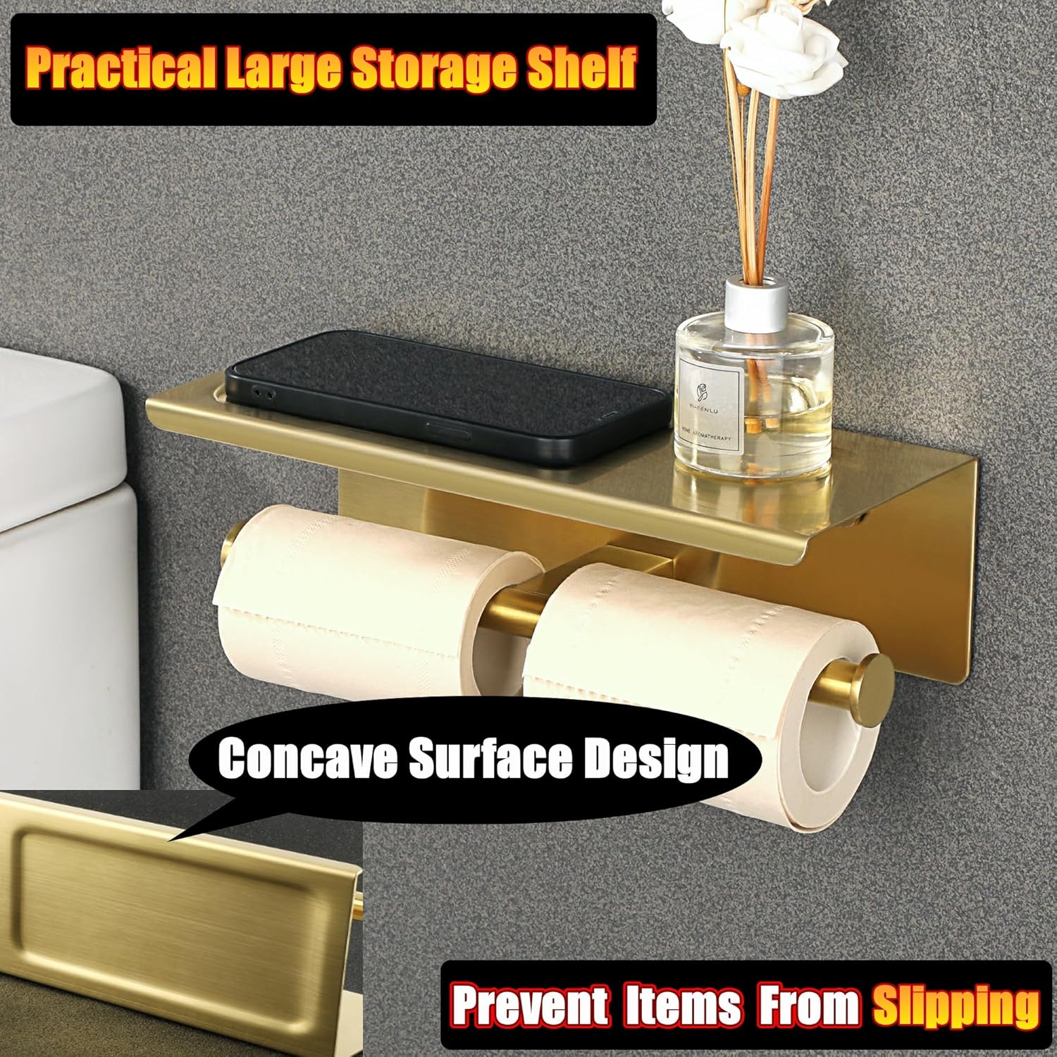Alise Double Toilet Paper Holder,Bathroom Tissue Holder with Shelf,SUS304 Stainless Steel Toilet Paper Roll Holder Storage Dispenser,Self Adhesive or Wall Mount Drilling Paper Rack,Brushed Golden