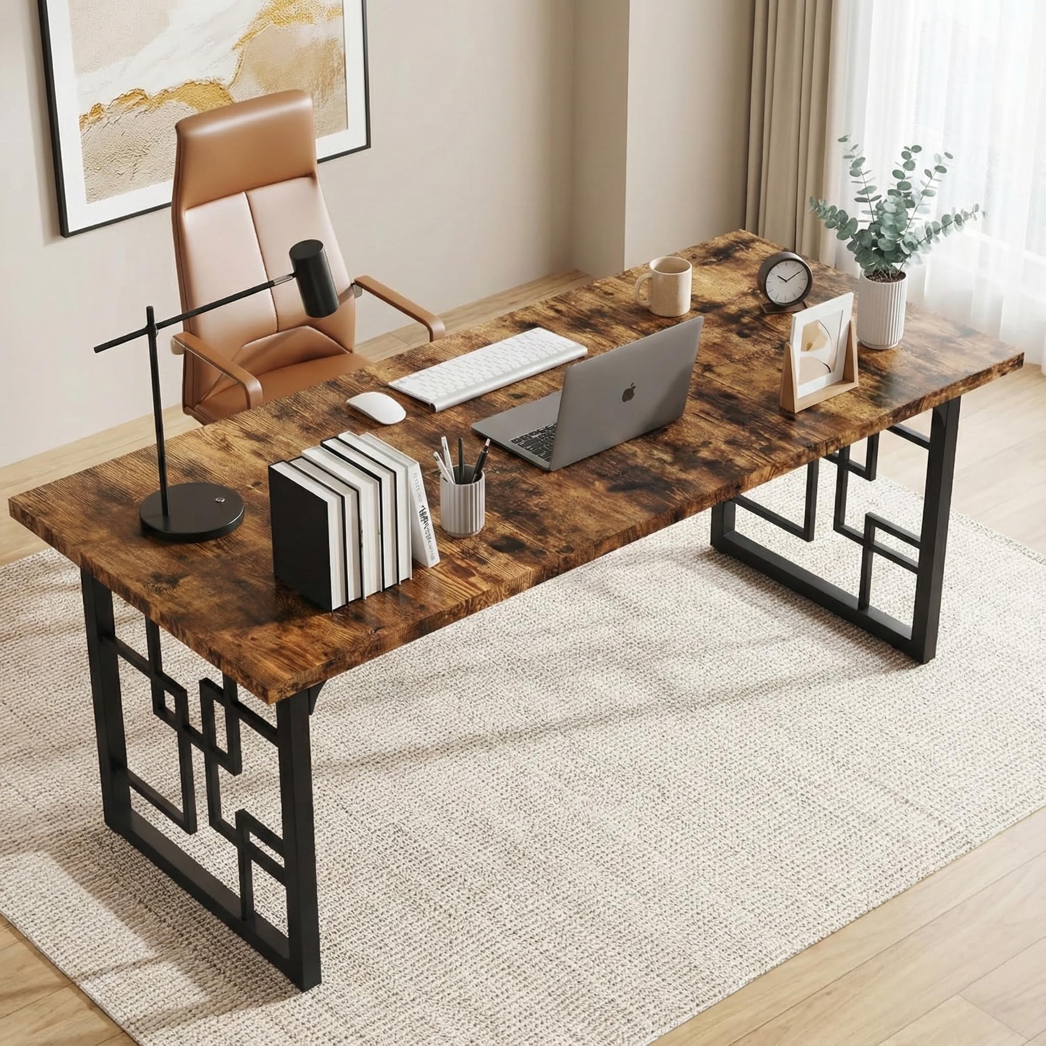 Lailang 160cm Scrivania Ufficio 160x80, Scrittoio Vintage, Scrivania Porta PC E Stampante, Tavolo Legno, Tavolo Riunioni Ufficio, Scrivania Grande, 160 x 80 x 75 cm, Rovere E Nero