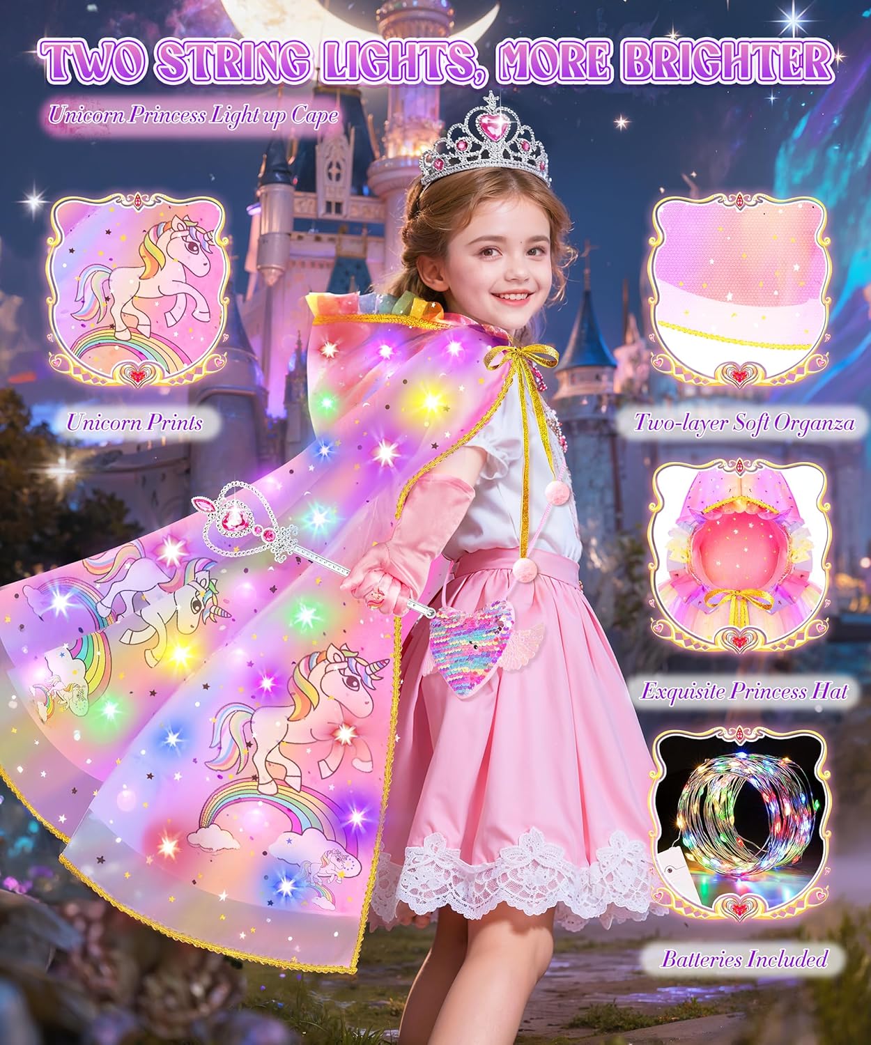 Jeowoqao Princess Dress up for Girls 4-6, Light up Princess Cape with Crown Gloves Princess Toys for Girls 3-6 Halloween - Image 2