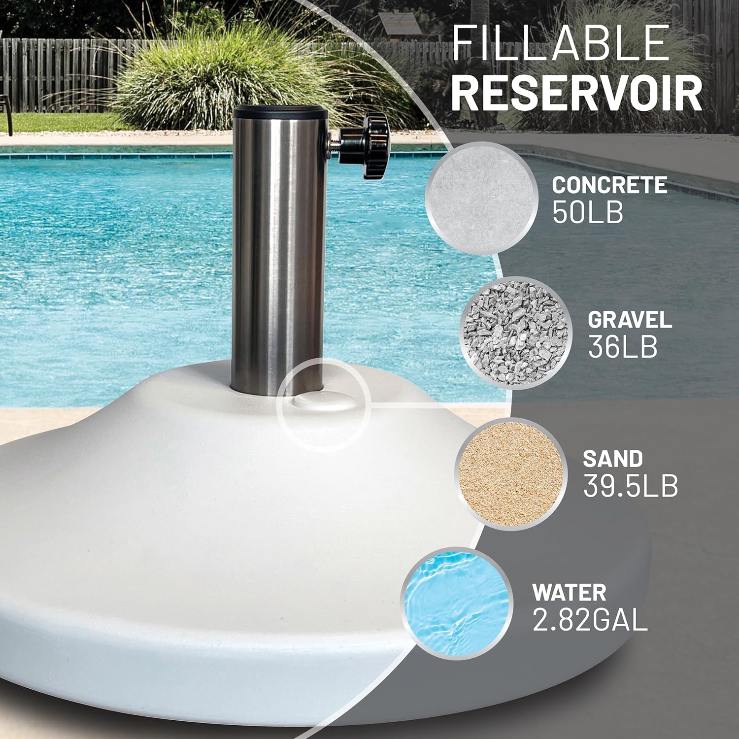 US Weight Premium Fillable Umbrella Base for Patio Table - Adjustable Umbrella Stand with Stainless Steel Stem - Made in The USA - White