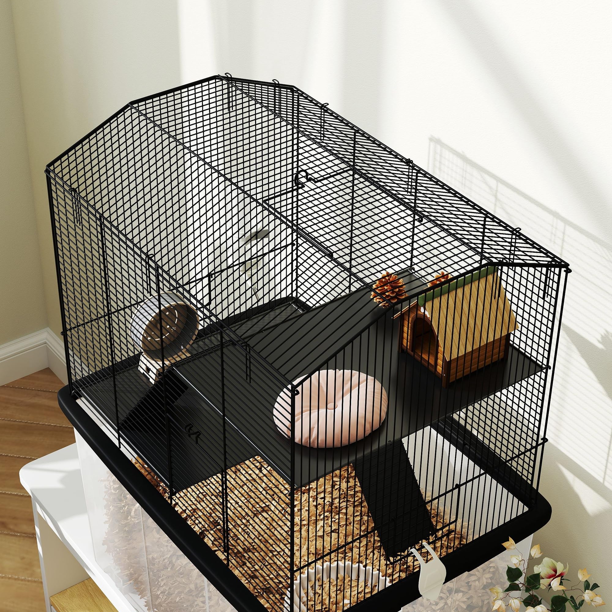 PawHut Cage Hamster, Cage Rongeur, 3 étages, avec roulettes, 2 Plate-Forme et 2 échelle, c, en Fil d'acier, 57 x 43 x 74 cm, Noir