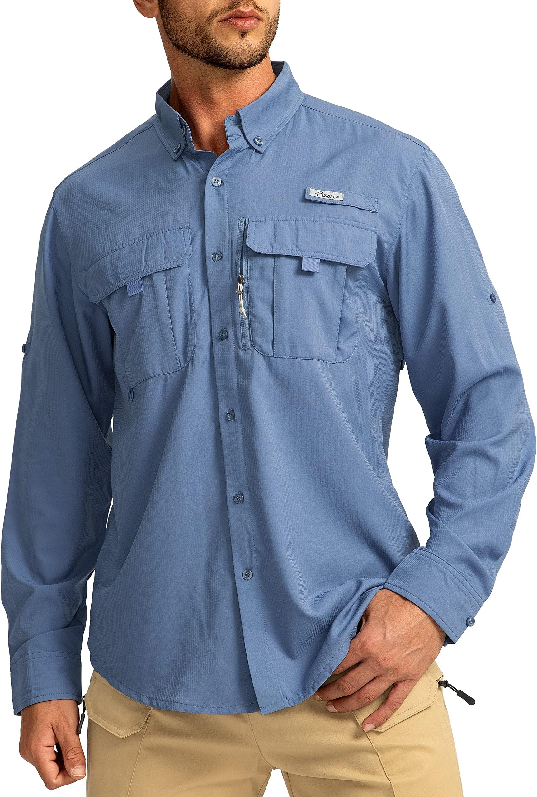 PudollaMen's Sun Protection Fishing Shirts Long Sleeve Travel Work Shirts for Men UPF50+ Button Down Shirts with Zipper Pockets