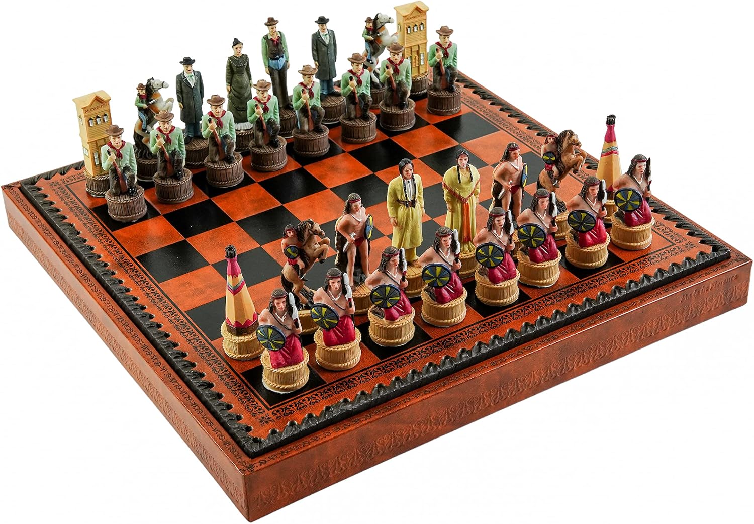 American West Chessmen, Cowboys & Indians with Marcello Chess Board from Italy