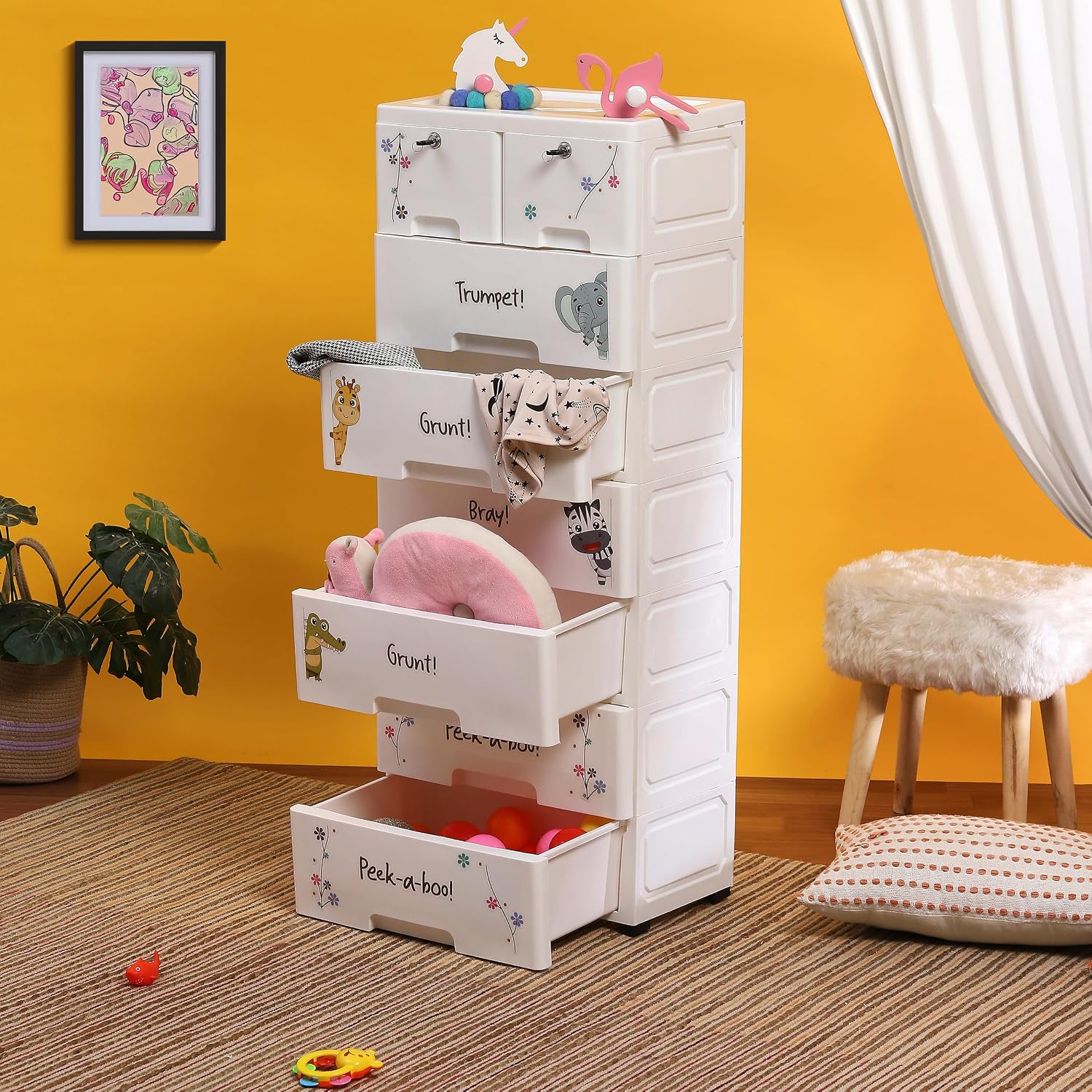 The Tickle Toe Plastic Chest of 8 Drawers for Kids | Multipurpose Organizer & Kids Wardrobe with 2 Locks | Glossy Dresser for Clothes & Toys | 51Lx33Wx139H cm | White with Animal Print The Tickle Toe Plastic Chest of 8 Drawers for Kids | Multipurpose Organizer & Kids Wardrobe with 2 Locks | Glossy Dresser for Clothes & Toys | 51Lx33Wx139H cm | White with Animal Print