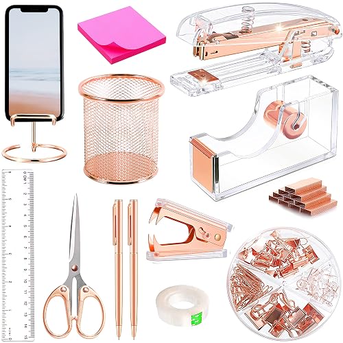 Rose Gold Desk Accessories, Acrylic Stapler, Staple Remover, Tape Holder, Pen Holder, Ballpoint Pen, Scissor, Binder Clips, Staples, Phone Holder, Ruler, Transparent Glue and Sticky Notes - Rose Gold