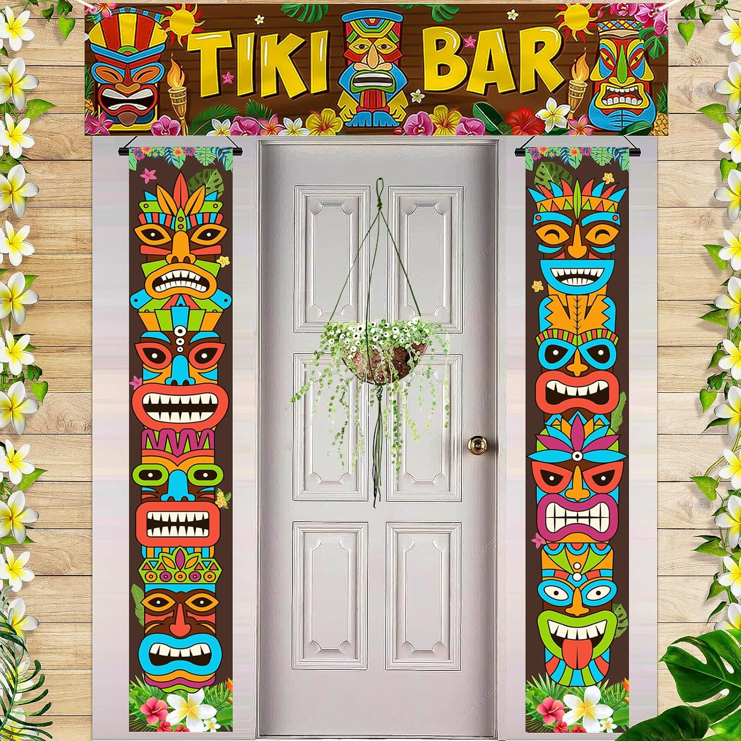 4 Pcs Tiki Mugs with Coasters Set - Ceramic Tiki Glass Cocktail mug And Luau Party Decorations Tiki Totem Door Banner Sign 3pcs Tiki Banner Luau Porch Hawaiian Cover for Aloha Hawaii Luau Tropical Moa