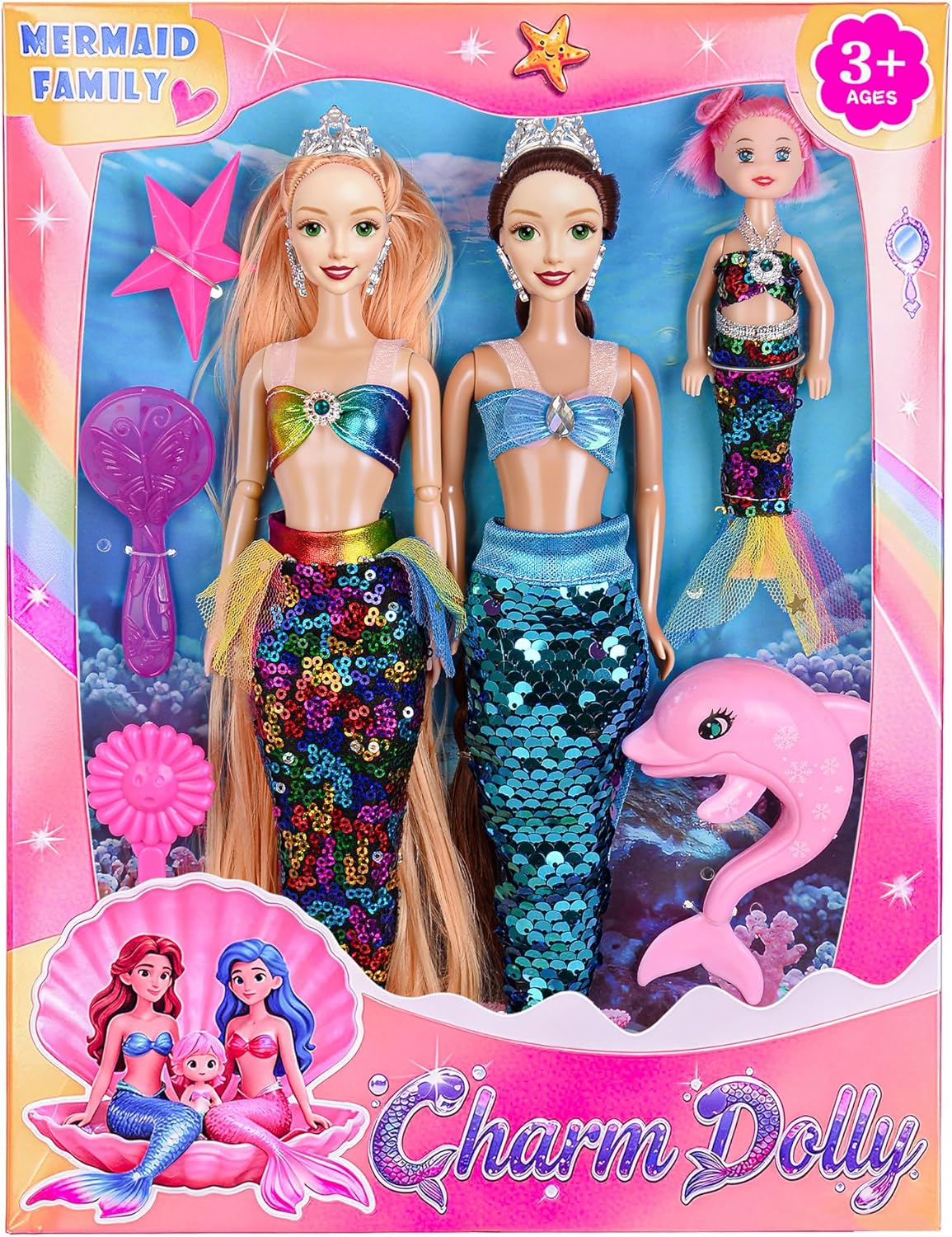 11.5 inch Mermaid Dolls Set with Accessories - Two Princess Dolls, One Small Girl Doll, a Dolphin Toy, One Star Toy, Two Comb- Summer Water Play Birthday Gift for Kids 3+