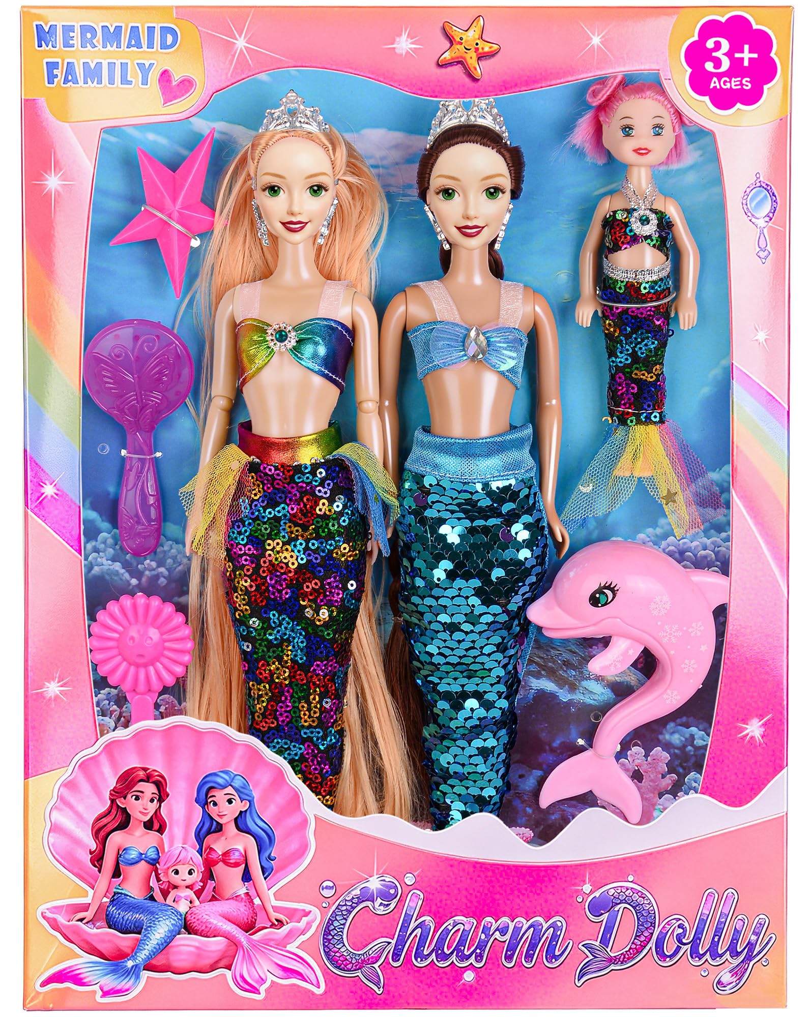 11.5 inch Mermaid Dolls Set with Accessories - Two Princess Dolls, One Small Girl Doll, a Dolphin Toy, One Star Toy, Two Comb- Summer Water Pool Play Birthday Gift for Kids 3+